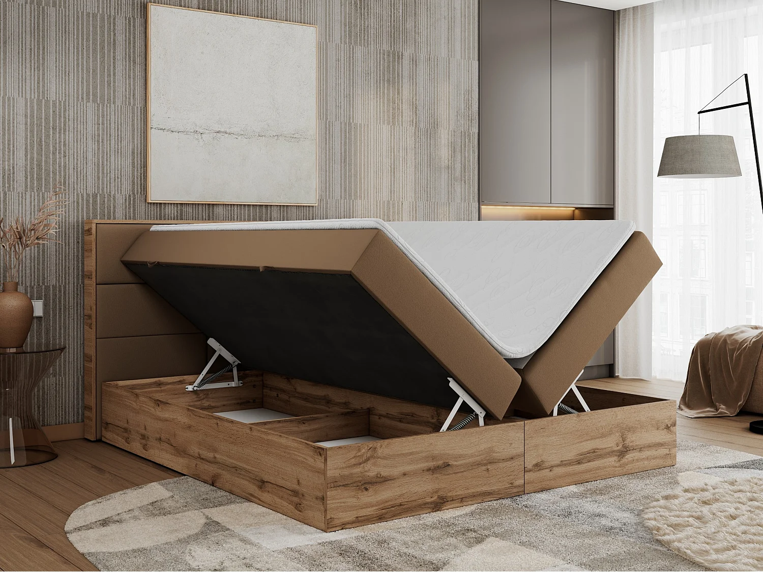 Boxspringbett ALBERO 2 mit Topper und Multipocket-Matratze, Stauraum, Holzrahmen - 140x200 cm - H4 - Braun Kunstleder