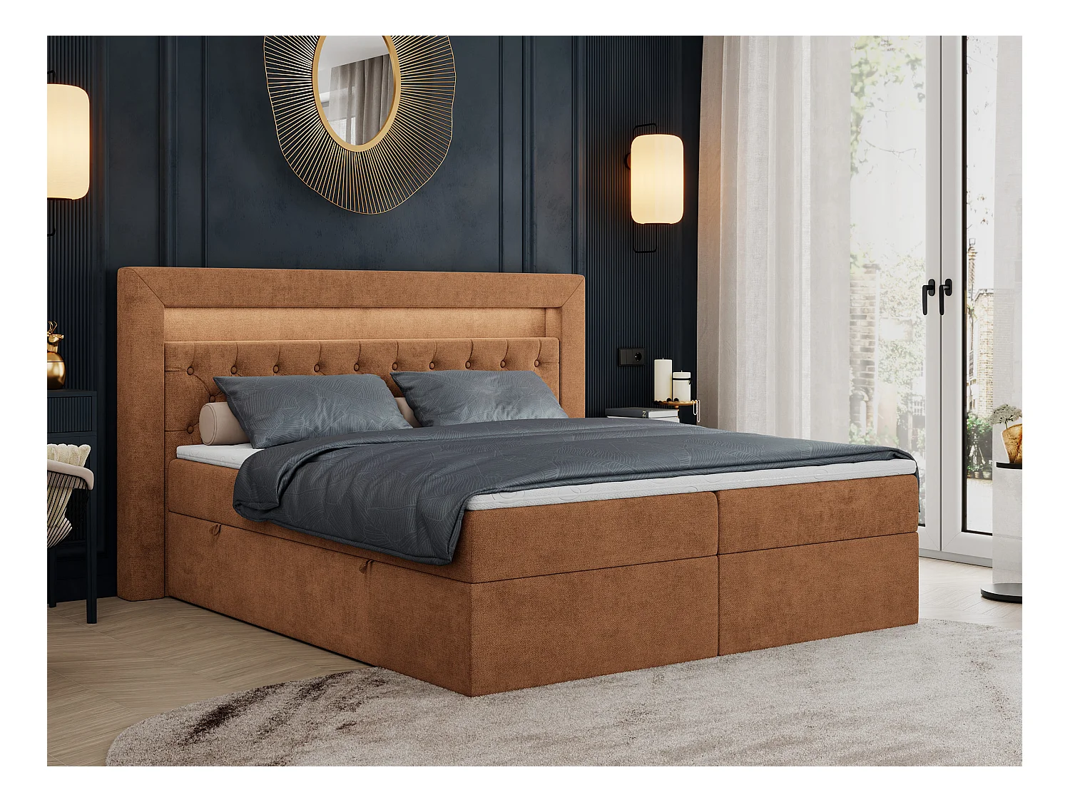 Boxspringbett GOLD 6, Doppelbett mit Stauraum, LED-Beleuchtung, gesteppte Kopfstütze - 120x200 cm - H4 - Orange Strukture