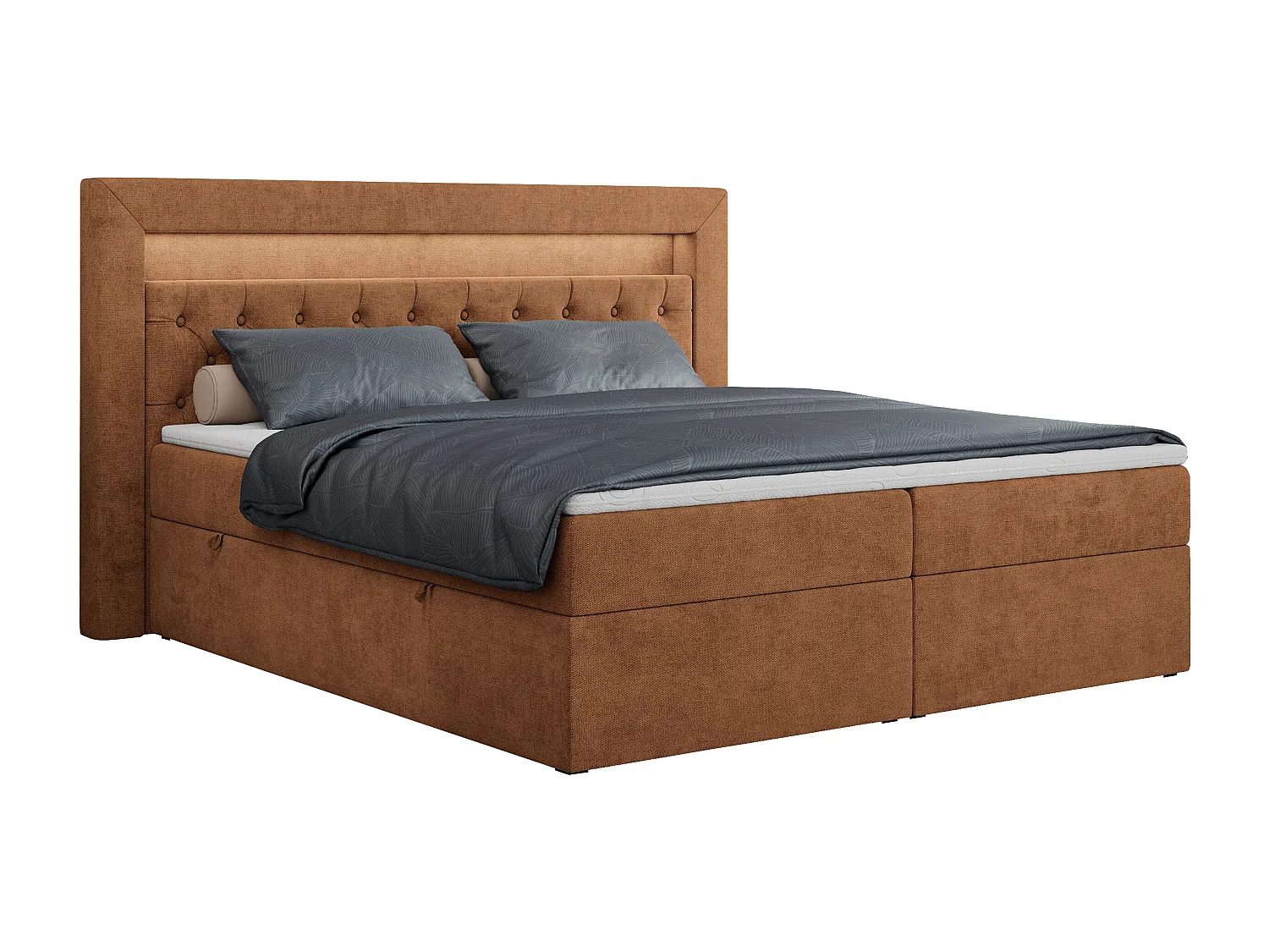 Boxspringbett GOLD 6, Doppelbett mit Stauraum, LED-Beleuchtung, gesteppte Kopfstütze - 120x200 cm - H4 - Orange Strukture