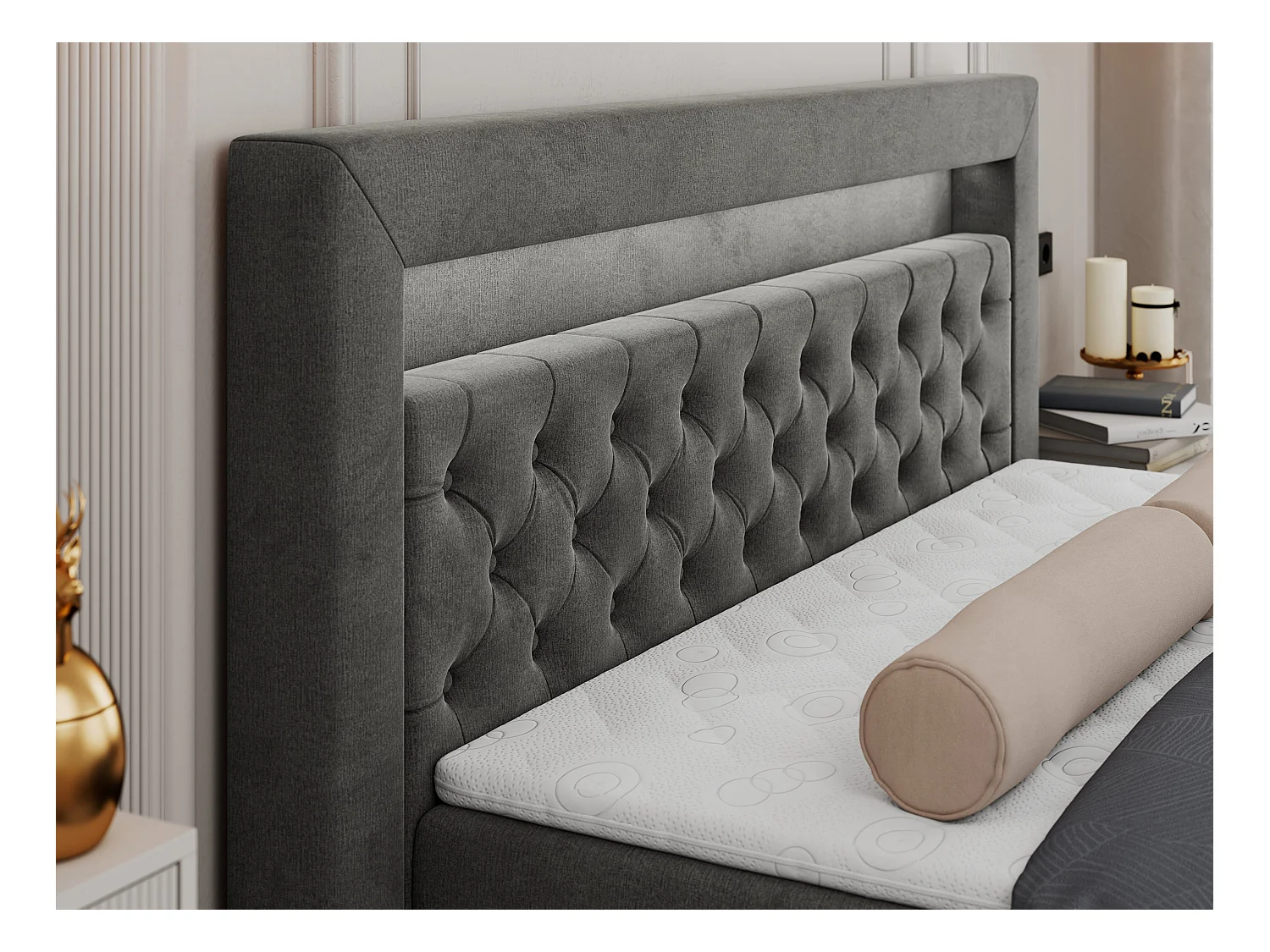 Boxspringbett GOLD 6, Doppelbett mit Stauraum, LED-Beleuchtung, gesteppte Kopfstütze - 120x200 cm - H4 - Dunkelgrau Velvet