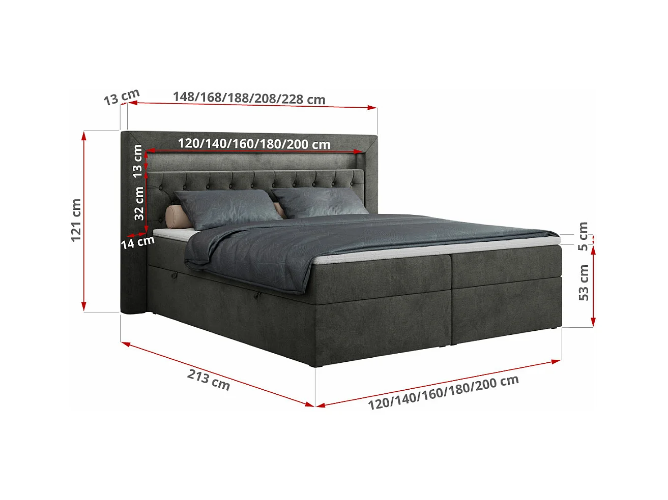 Boxspringbett GOLD 6, Doppelbett mit Stauraum, LED-Beleuchtung, gesteppte Kopfstütze - 120x200 cm - H4 - Dunkelgrau Velvet