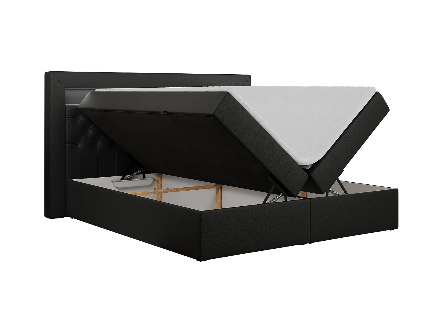 Boxspringbett GOLD 6, Doppelbett mit Stauraum, LED-Beleuchtung, gesteppte Kopfstütze - 180x200 cm - H4 - Schwarz Kunstleder