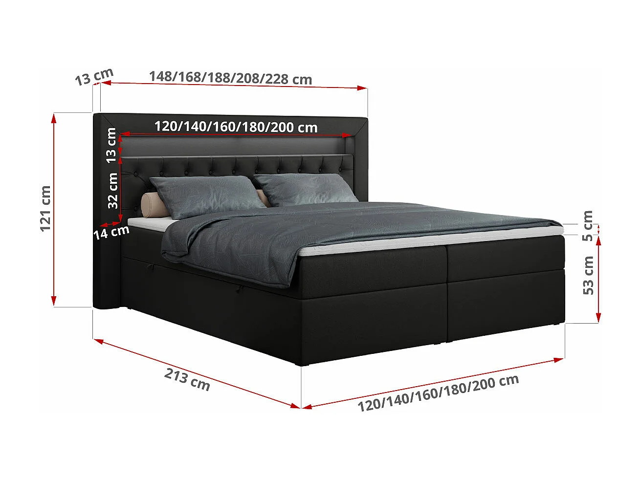 Boxspringbett GOLD 6, Doppelbett mit Stauraum, LED-Beleuchtung, gesteppte Kopfstütze - 180x200 cm - H4 - Schwarz Kunstleder
