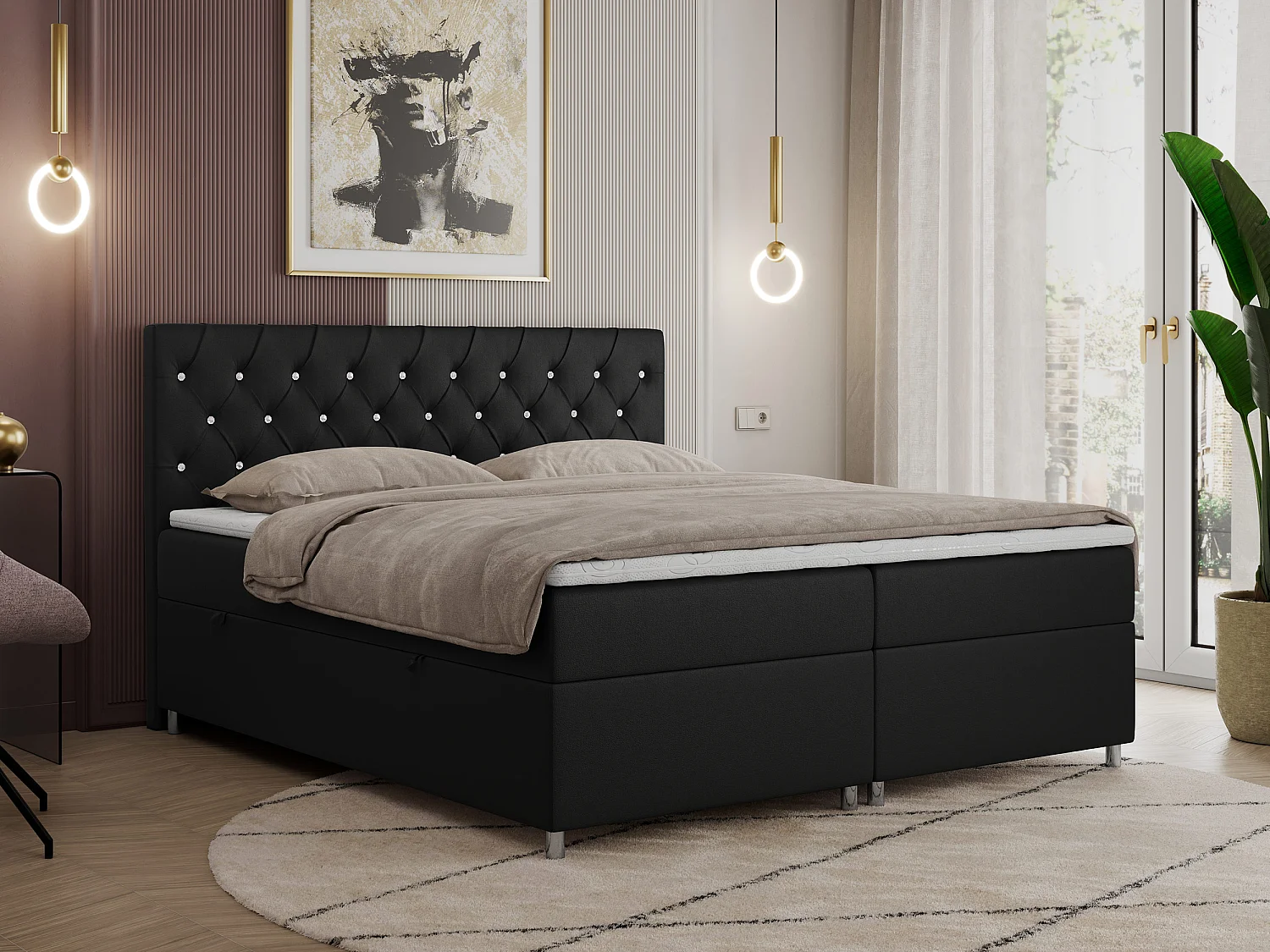 Boxspringbett ROMA mit gestepptem Kopfteil, Multipocket-Matratze, dekorative Füße - 140x200 cm - H4 - Schwarz Kunstleder