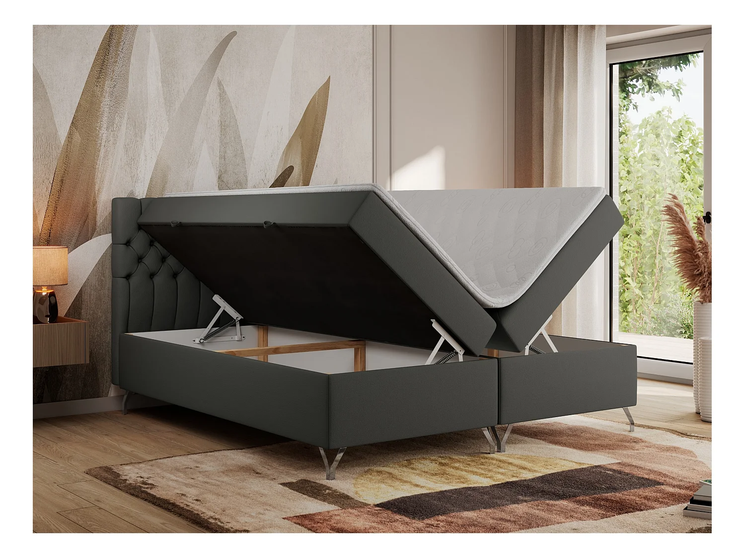 Boxspringbett GRIMALDI mit zwei Bettkästen, gesteppter Kopfstütze, Metallfüßen - 160x200 cm - H4 - Dunkelgrau Kunstleder