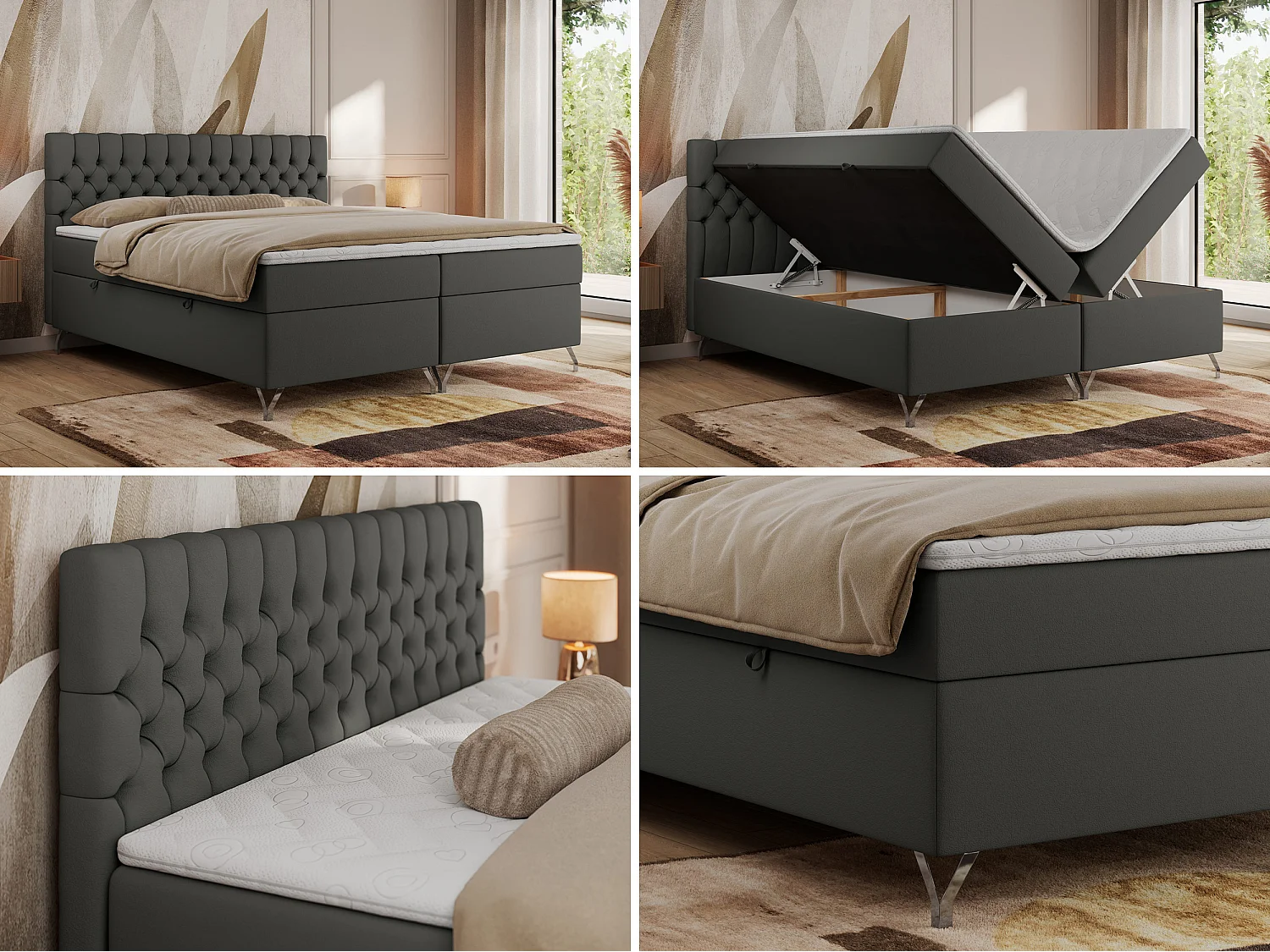 Boxspringbett GRIMALDI mit zwei Bettkästen, gesteppter Kopfstütze, Metallfüßen - 160x200 cm - H4 - Dunkelgrau Kunstleder