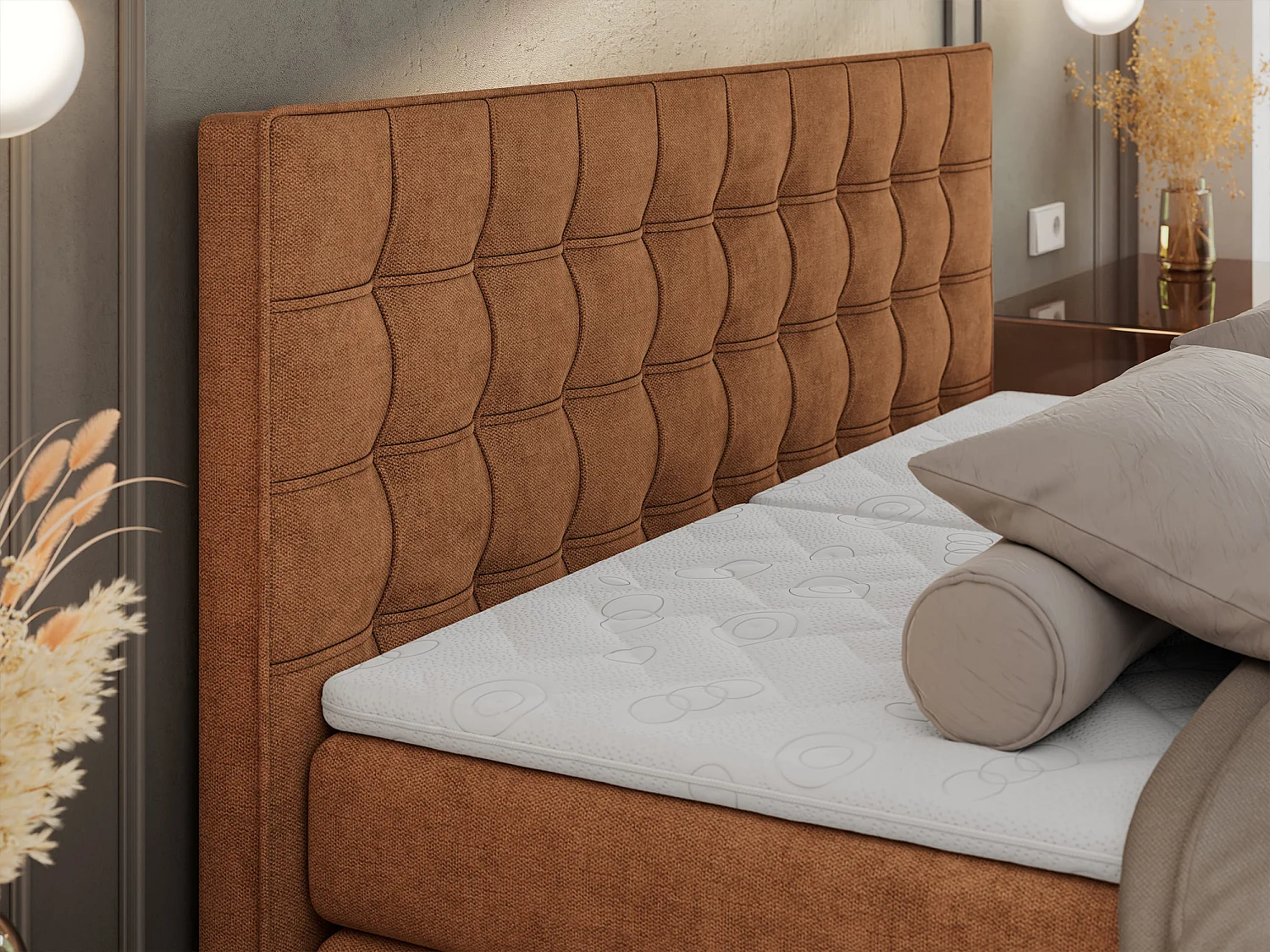 Boxspringbett ELEKTRO mit Multipocket-Matratze, Elektrisch verstellbare, genähtes Kopfteil - 180x200 cm - H3 - Orange Strukture