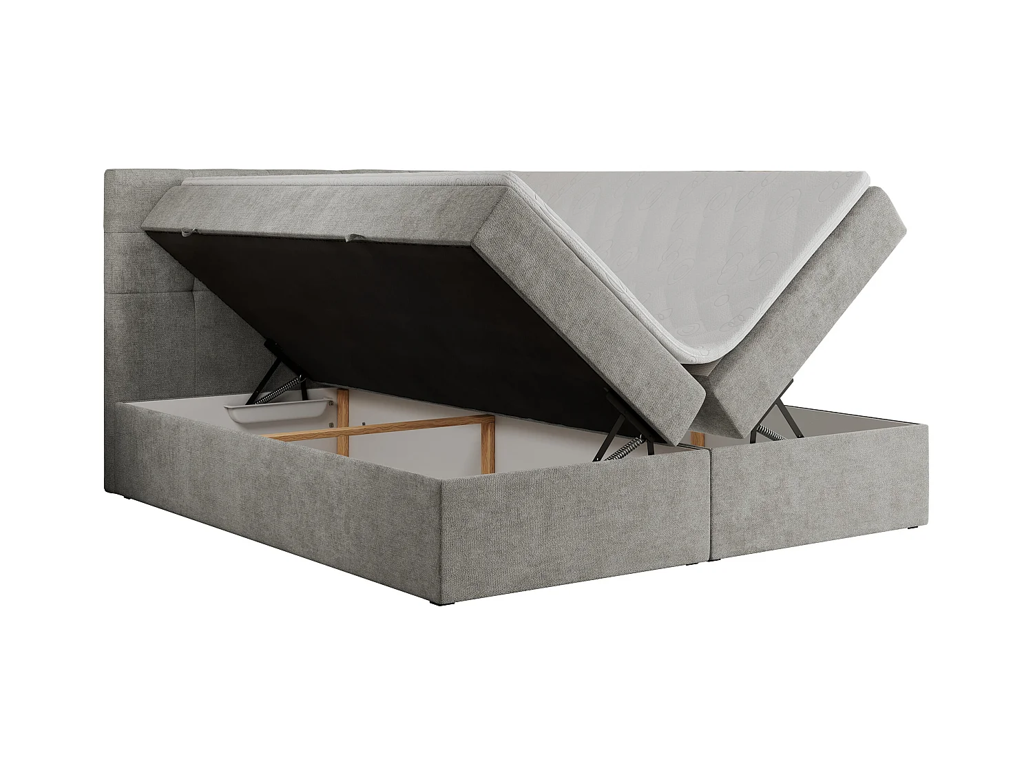 Boxspringbett CENTOS mit gestepptem Kopfteil, Multipocket-Matratze, Doppelbett mit Stauraum - 180x200 cm - H4 - Hellgrau Struktur