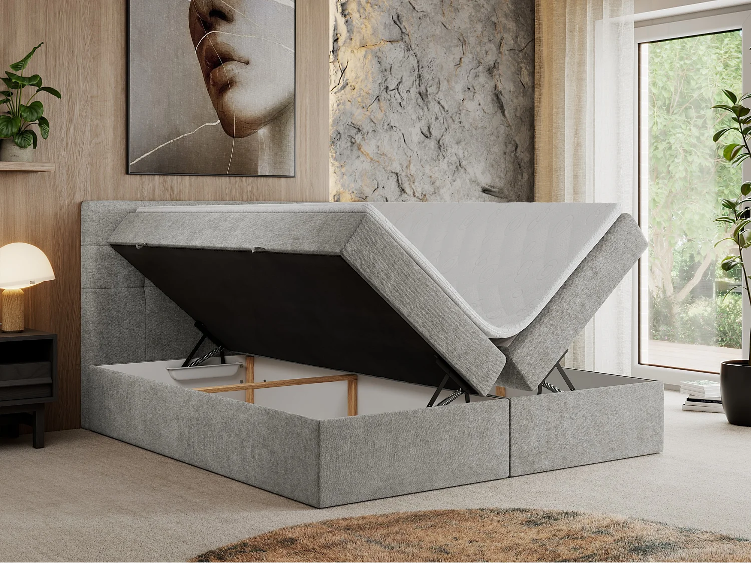 Boxspringbett CENTOS mit gestepptem Kopfteil, Multipocket-Matratze, Doppelbett mit Stauraum - 180x200 cm - H4 - Hellgrau Struktur