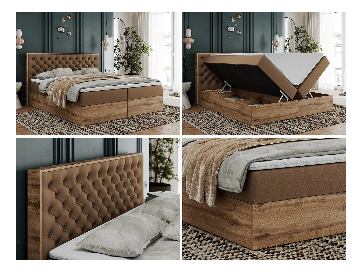 Boxspringbett ALBERO 3 - gesteppte Kopfstütze, Eiche Wotan Holzrahmen, Stauraum - 180x200 cm - H4 - Braun Kunstleder