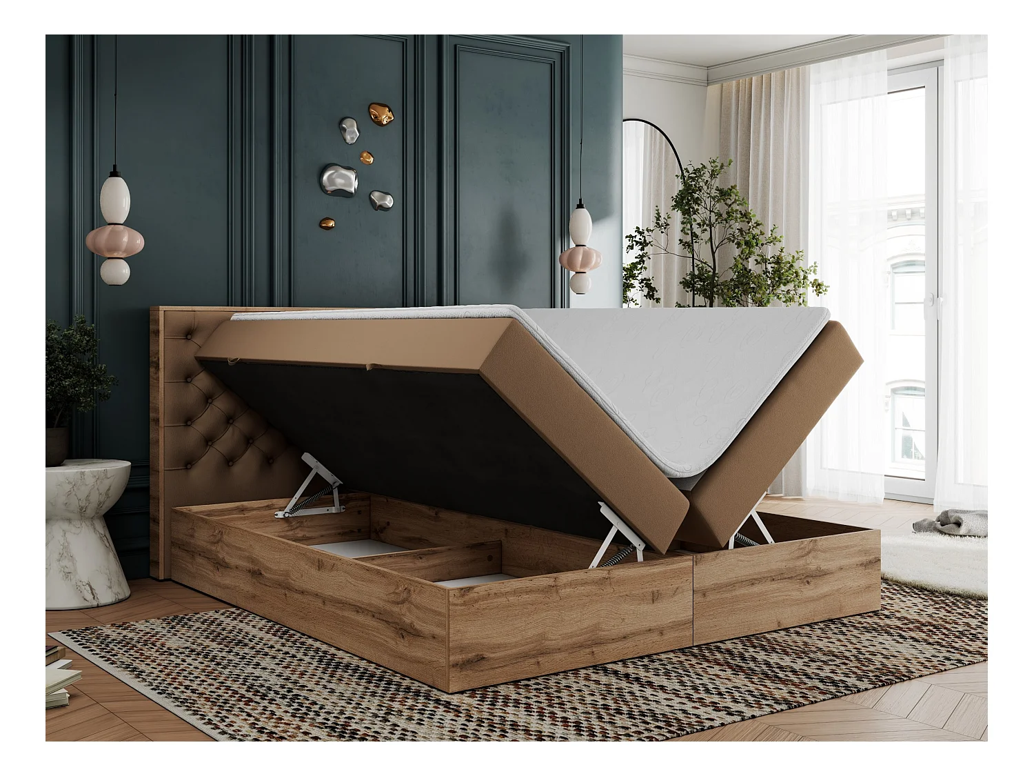 Boxspringbett ALBERO 3 - gesteppte Kopfstütze, Eiche Wotan Holzrahmen, Stauraum - 180x200 cm - H4 - Braun Kunstleder