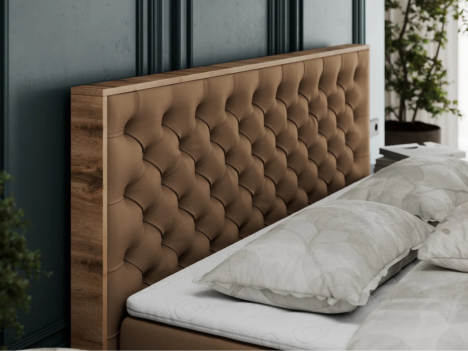 Boxspringbett ALBERO 3 - gesteppte Kopfstütze, Eiche Wotan Holzrahmen, Stauraum - 180x200 cm - H4 - Braun Kunstleder