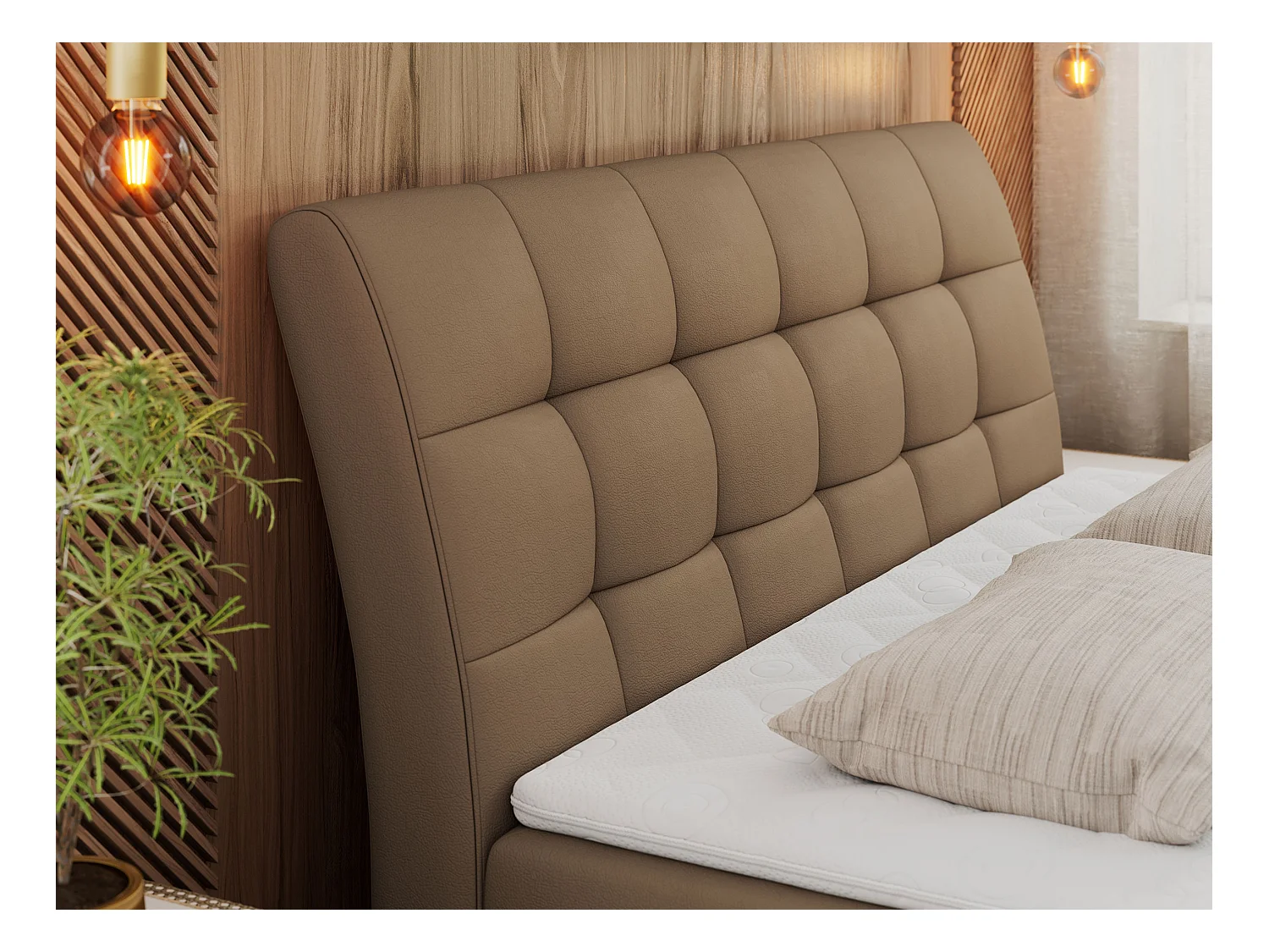 Boxspringbett DIEGOS mit Stauraum, gestepptem Kopfteil, Multipocket-Matratze - 120x200 cm - H3 - Braun Kunstleder