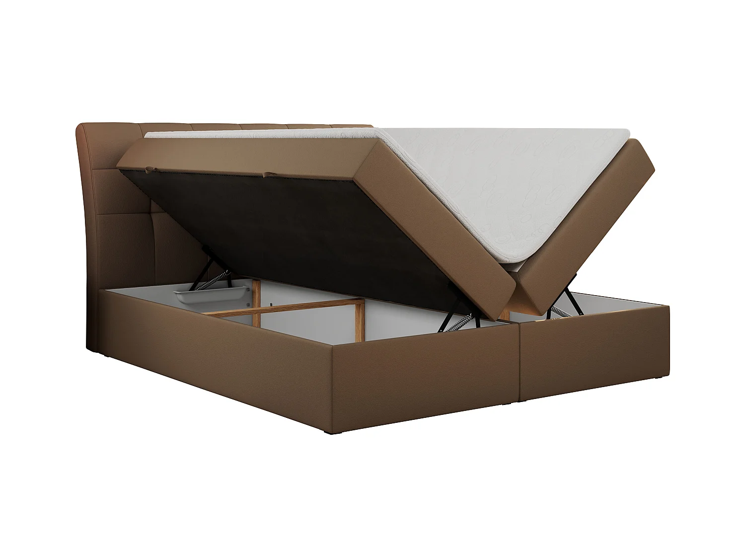 Boxspringbett DIEGOS mit Stauraum, gestepptem Kopfteil, Multipocket-Matratze - 120x200 cm - H3 - Braun Kunstleder