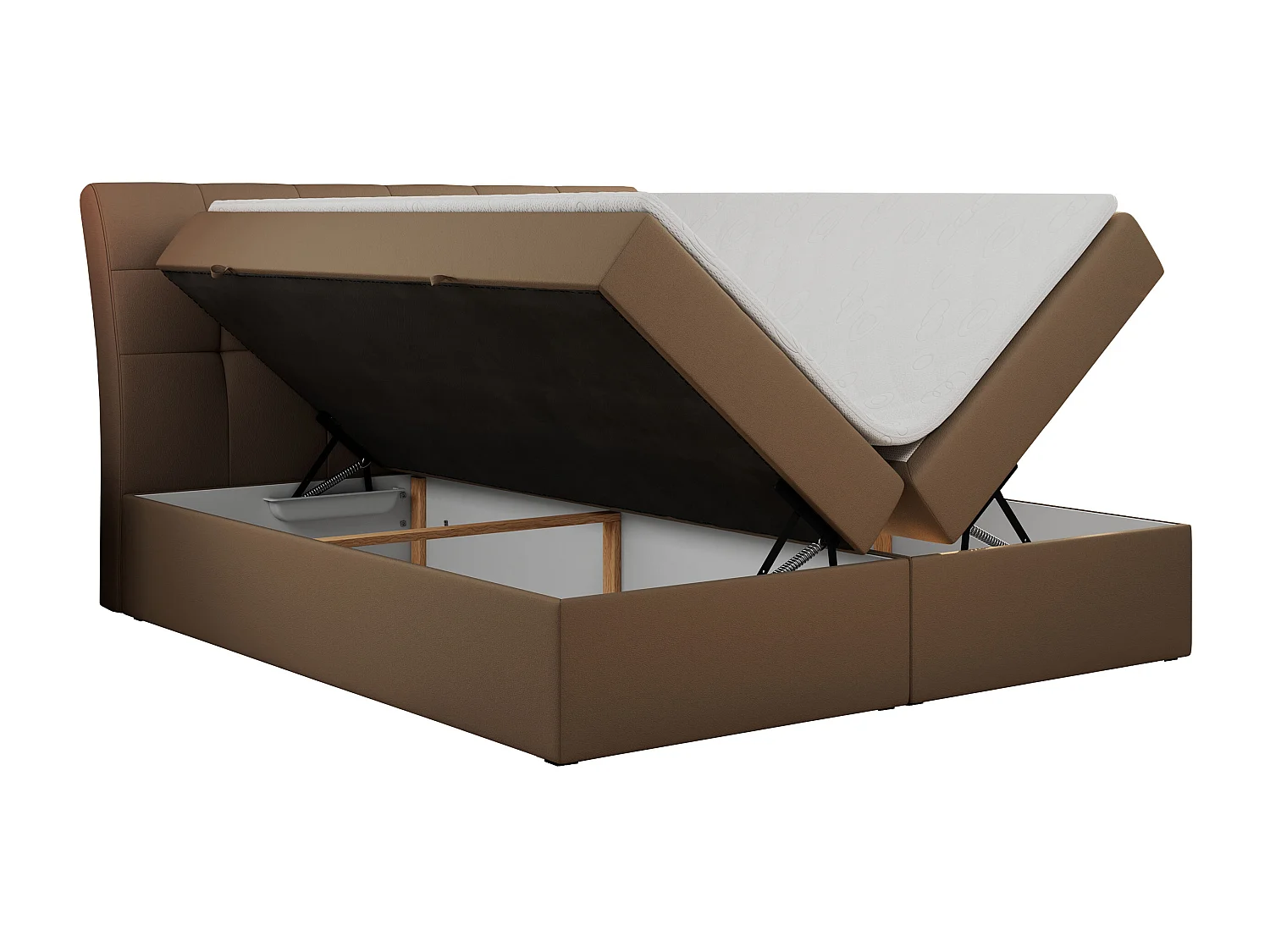 Boxspringbett DIEGOS mit Stauraum, gestepptem Kopfteil, Multipocket-Matratze - 120x200 cm - H3 - Braun Kunstleder