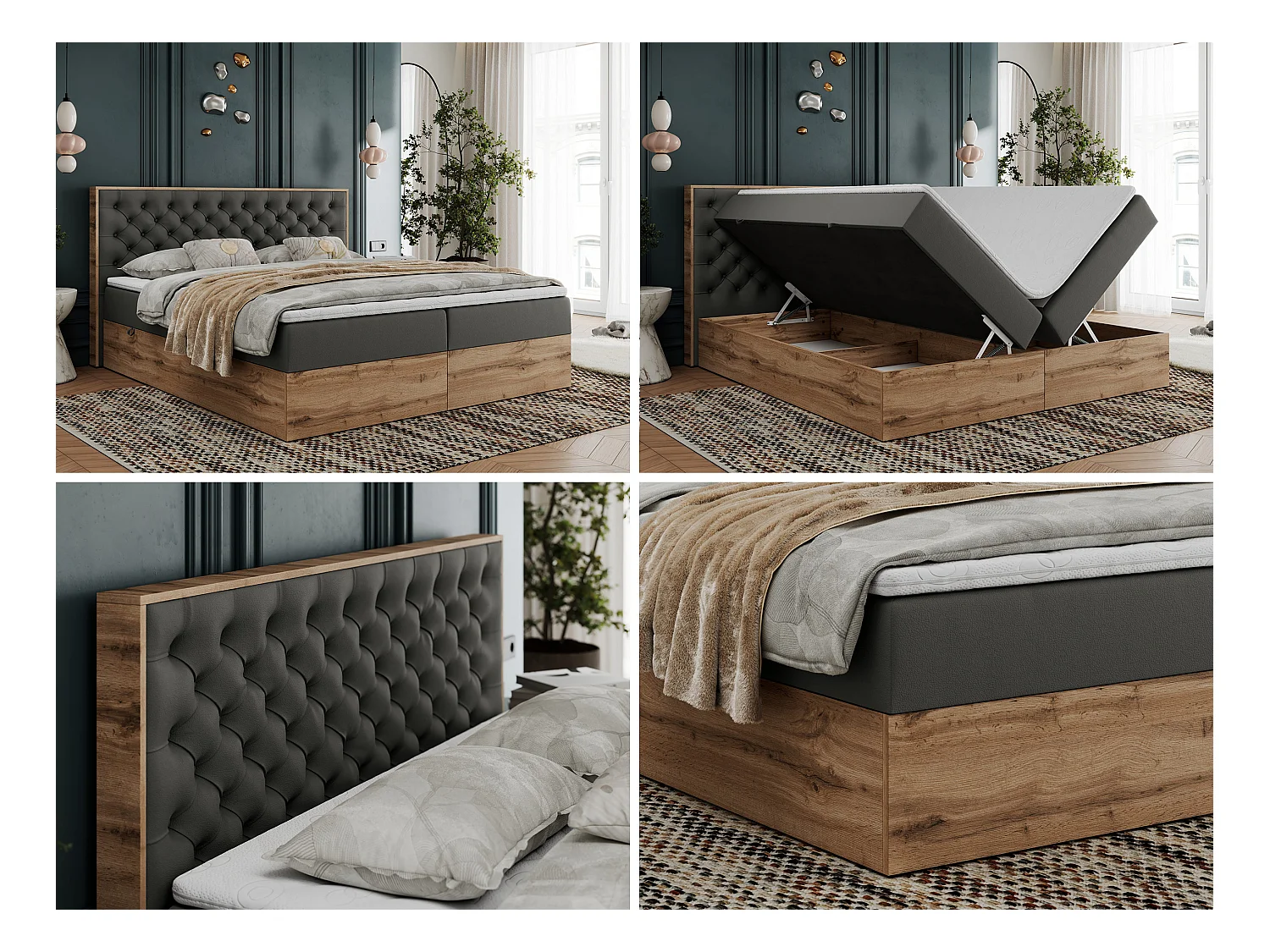 Boxspringbett ALBERO 3 - gesteppte Kopfstütze, Eiche Wotan Holzrahmen, Stauraum - 180x200 cm - H4 - Dunkelgrau Kunstleder
