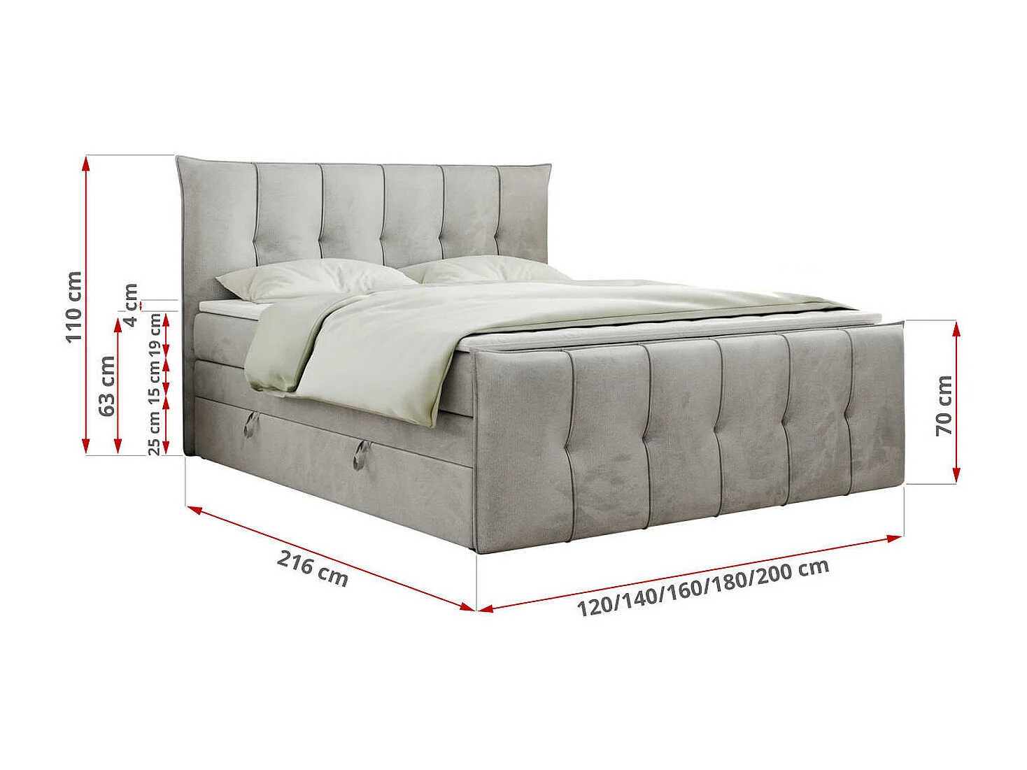 Boxspringbett PREMIUM 11 KING mit Stauraum, gestepptes Kopfteil, zwei Multipocket-Matratzen - 180x200 cm - H3 - Hellgrau Velvet
