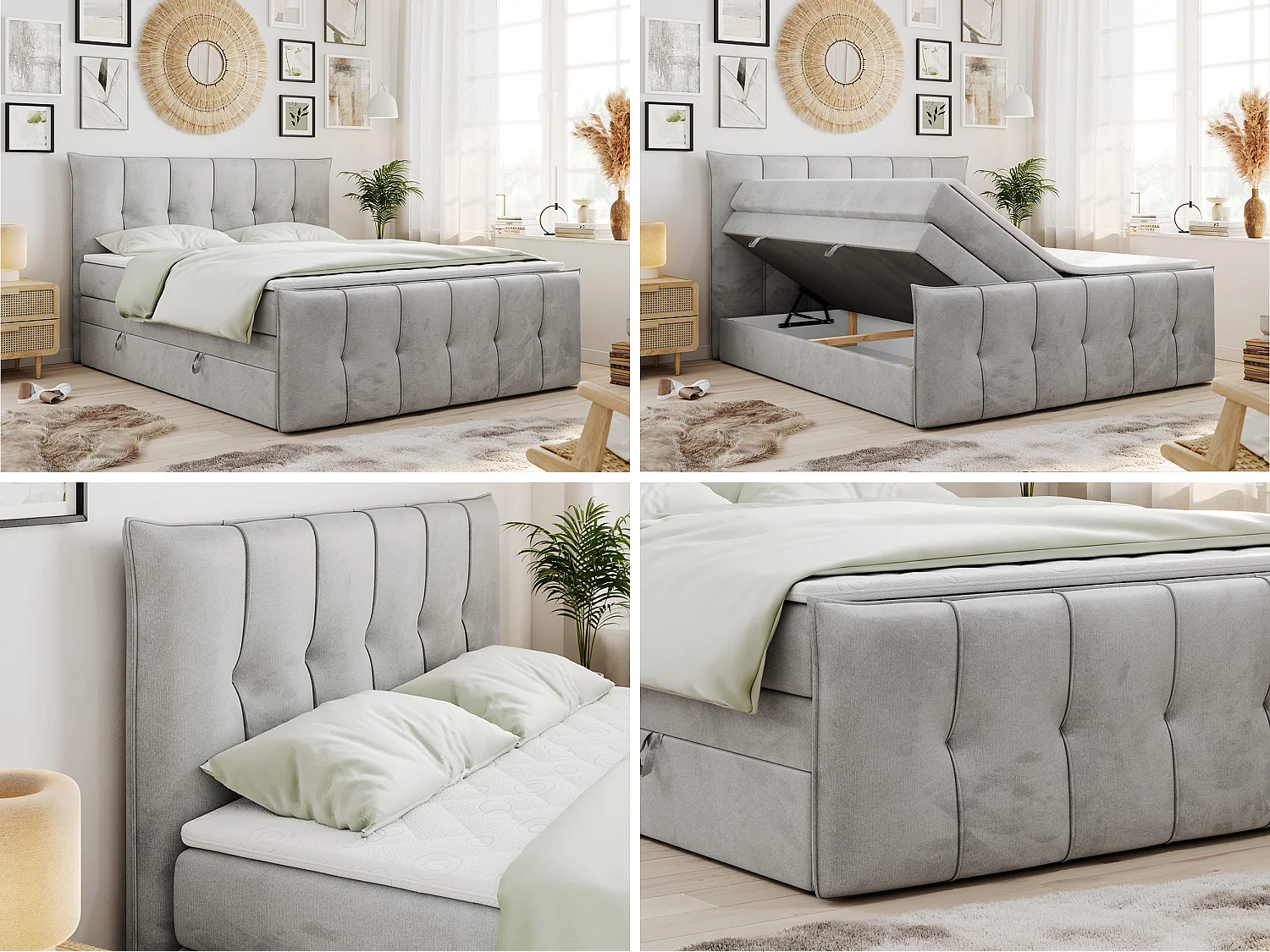 Lit boxspring avec 2 coffres - 2 matelas mi-fermes + surmatelas mousse - Gris clair Velours - 180x200 - PREMIUM 11 KING