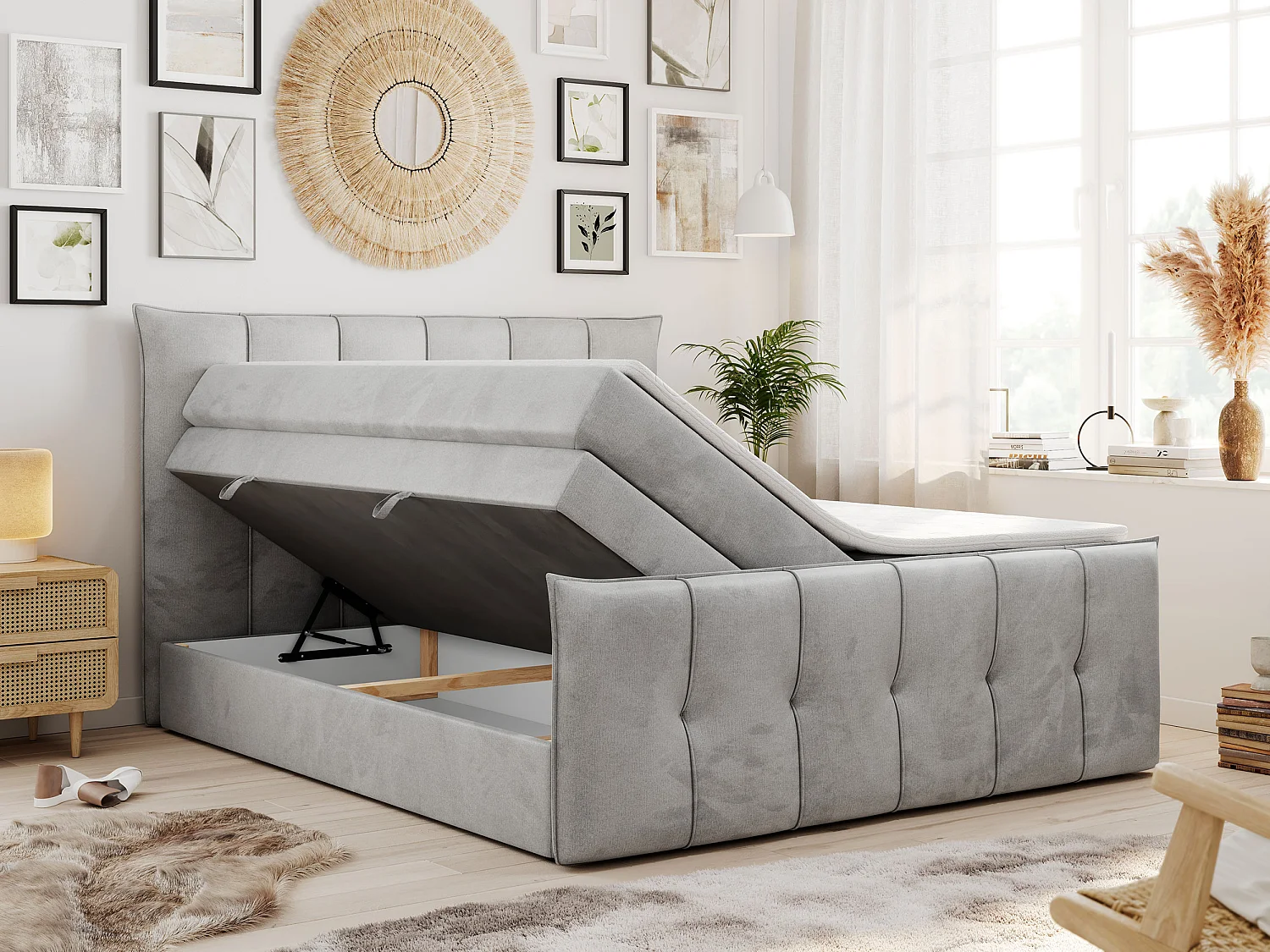 Lit boxspring avec 2 coffres - 2 matelas mi-fermes + surmatelas mousse - Gris clair Velours - 180x200 - PREMIUM 11 KING