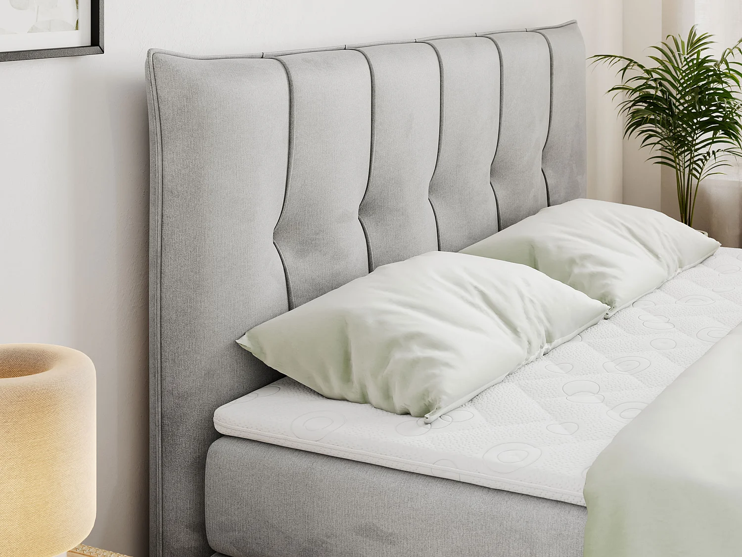 Lit boxspring avec 2 coffres - 2 matelas mi-fermes + surmatelas mousse - Gris clair Velours - 180x200 - PREMIUM 11 KING
