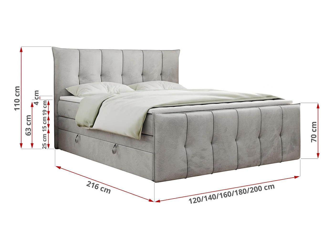 Lit boxspring avec 2 coffres - 2 matelas mi-fermes + surmatelas mousse - Gris clair Velours - 180x200 - PREMIUM 11 KING