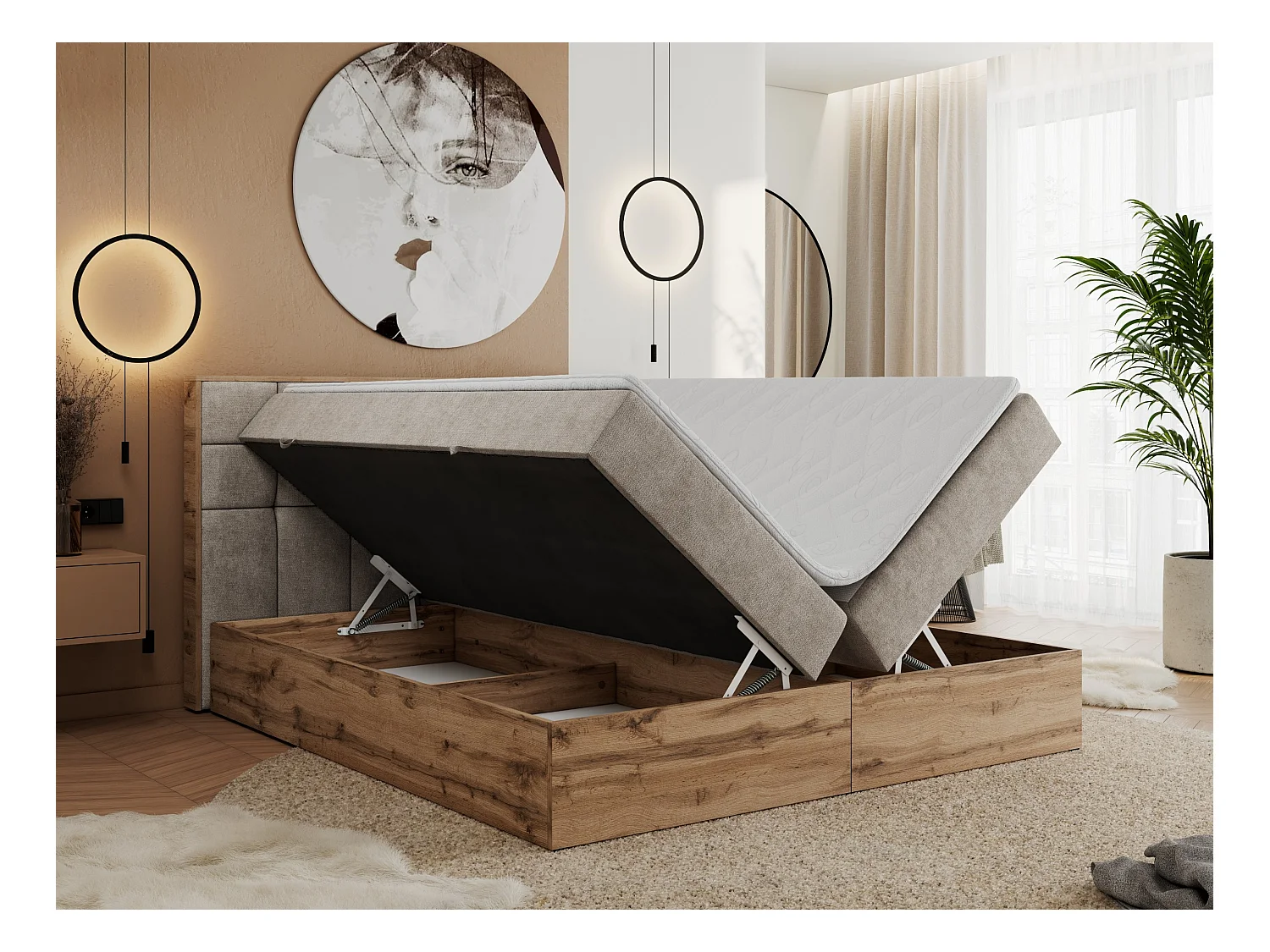 Boxspringbett ALBERO 1, Polsterbett mit gestepptem Kopfteil, Multipocket-Matratze - 180x200 cm - H4 - Beige Strukture