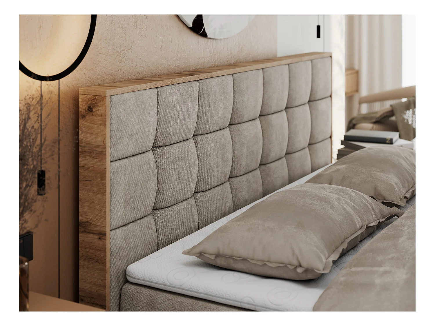 Boxspringbett ALBERO 1, Polsterbett mit gestepptem Kopfteil, Multipocket-Matratze - 180x200 cm - H4 - Beige Strukture