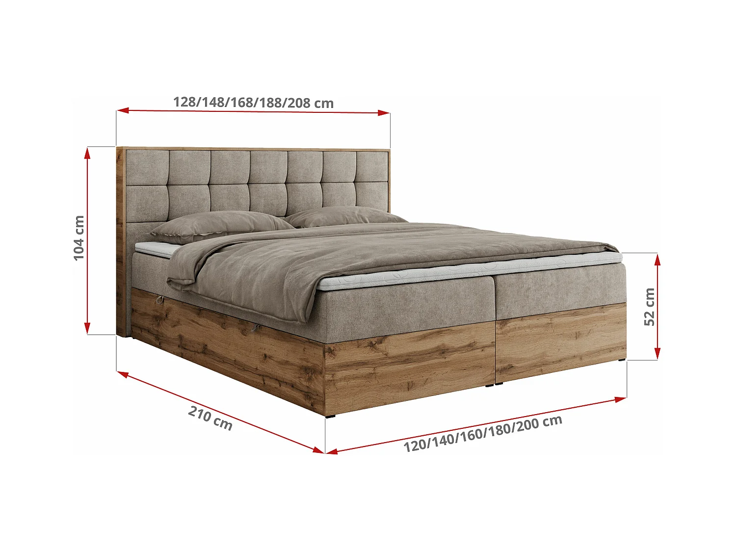 Boxspringbett ALBERO 1, Polsterbett mit gestepptem Kopfteil, Multipocket-Matratze - 180x200 cm - H4 - Beige Strukture