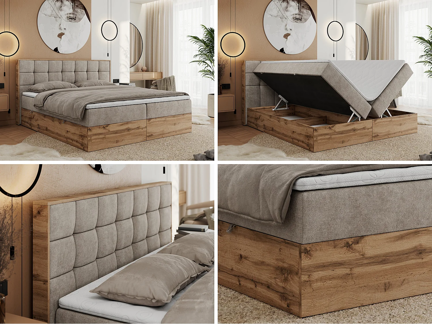 Boxspringbed met hoofdbord H4 + Topper T25 - Greige Structuurstof - 180x200 - ALBERO 1