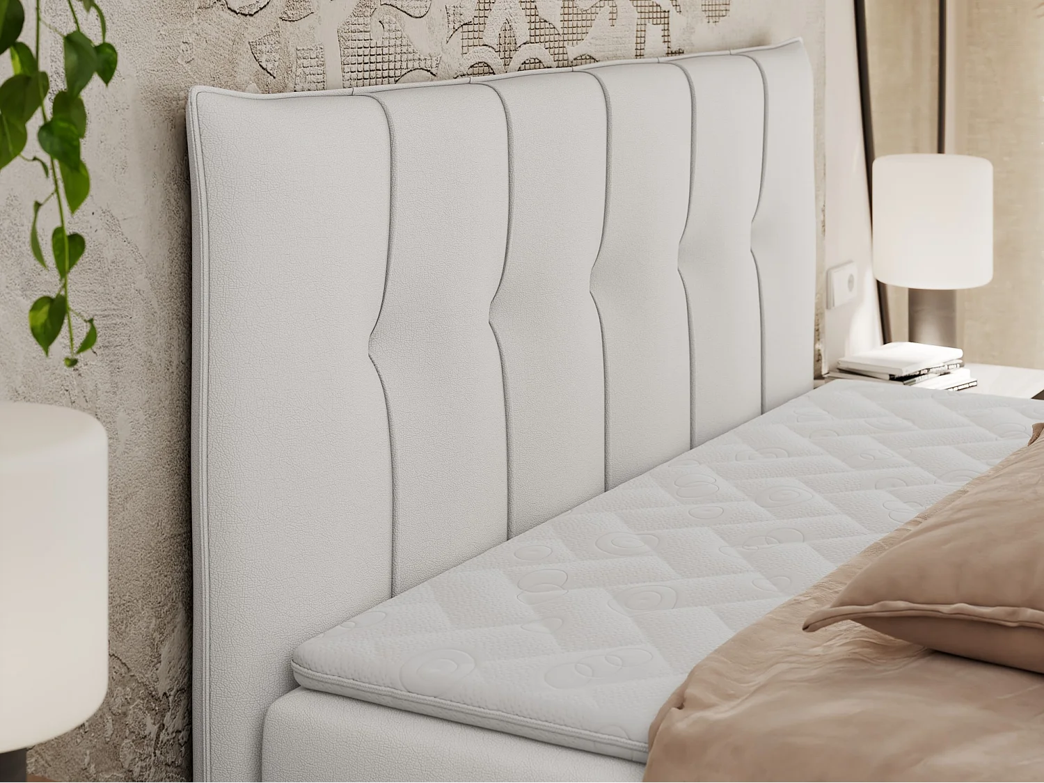 Boxspringbett PREMIUM 10 mit Multipocket-Matratze, gesteppte Kopfstütze, zwei Bettkästen - 180x200 cm - H3 - Weiß Kunstleder