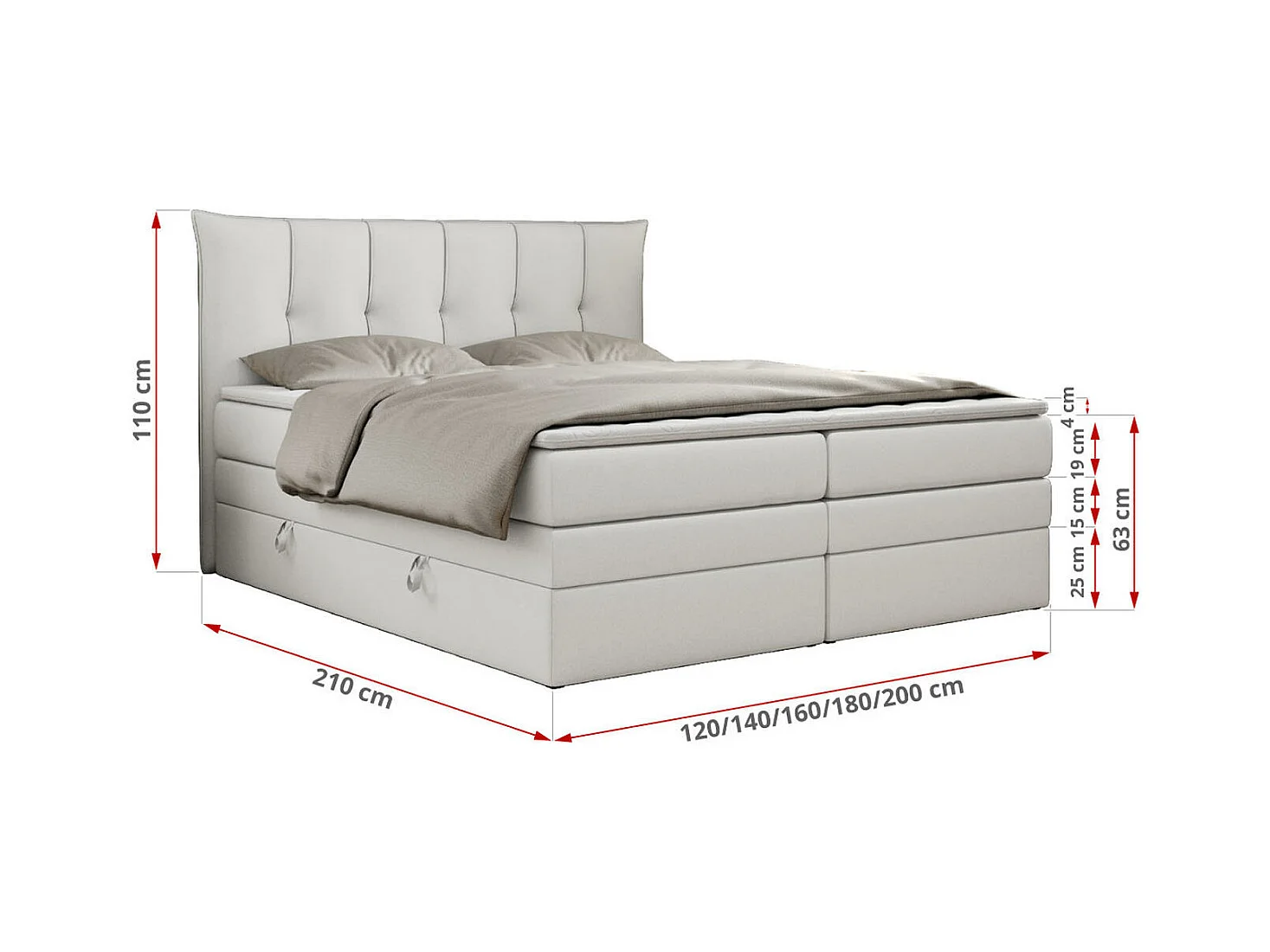 Boxspringbett PREMIUM 10 KING, Doppelbett mit Stauraum, gesteppte Kopfstütze, Multipocket-Matratze - 140x200 cm - H4 - Weiß Kunstleder