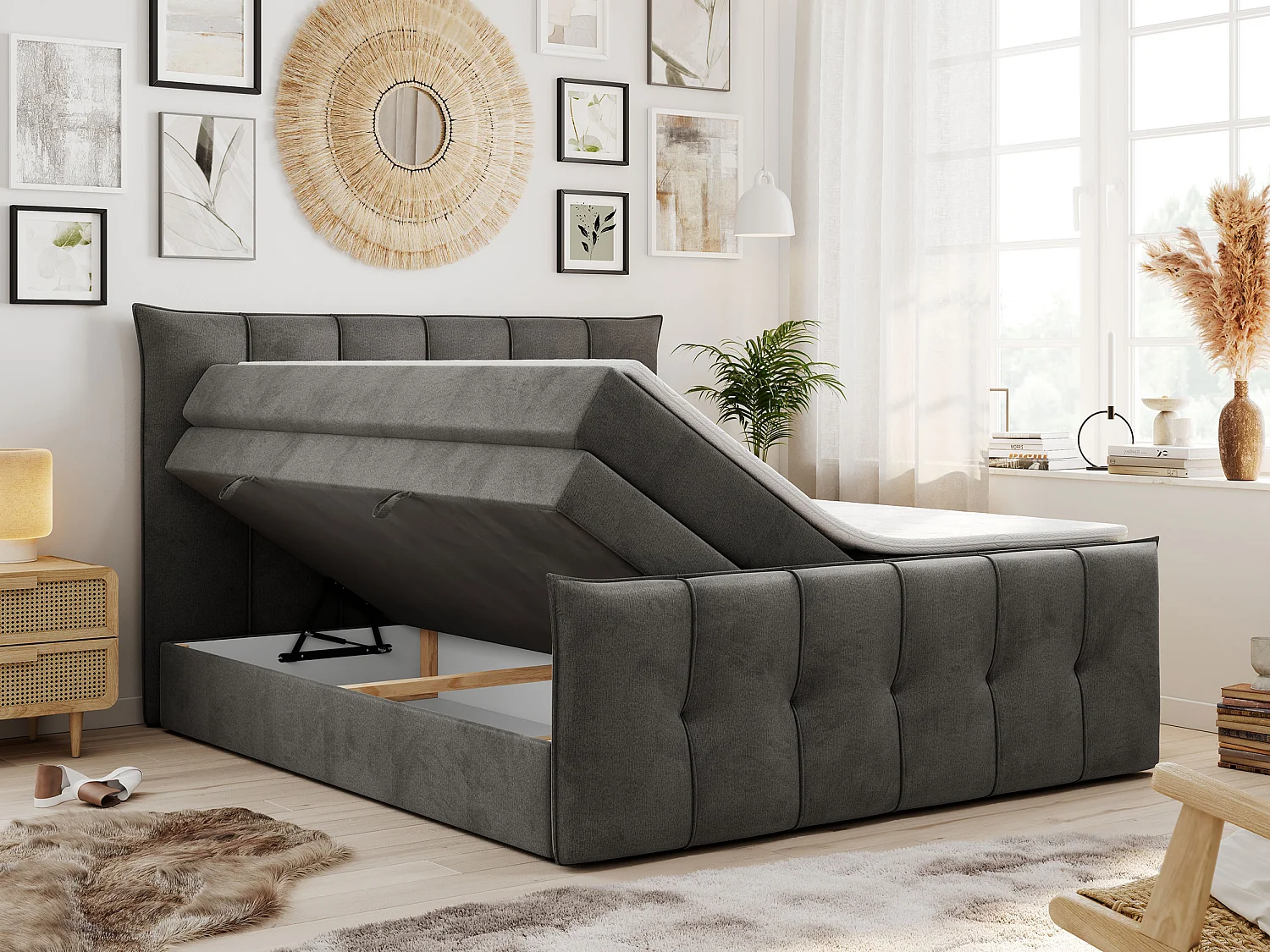 Boxspringbett PREMIUM 11 KING mit Stauraum, gestepptes Kopfteil, zwei Multipocket-Matratzen - 120x200 cm - H3 - Hellgrau Velvet