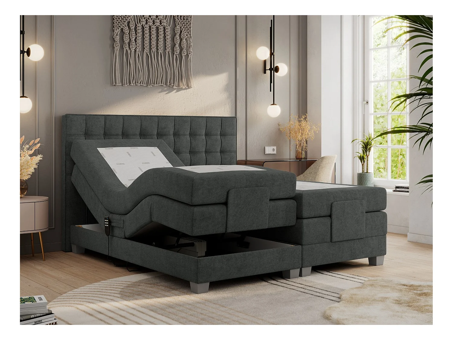 Boxspringbett ELEKTRO mit Multipocket-Matratze, Elektrisch verstellbare, genähtes Kopfteil - 200x200 cm - H3 - Dunkelgrau Strukture