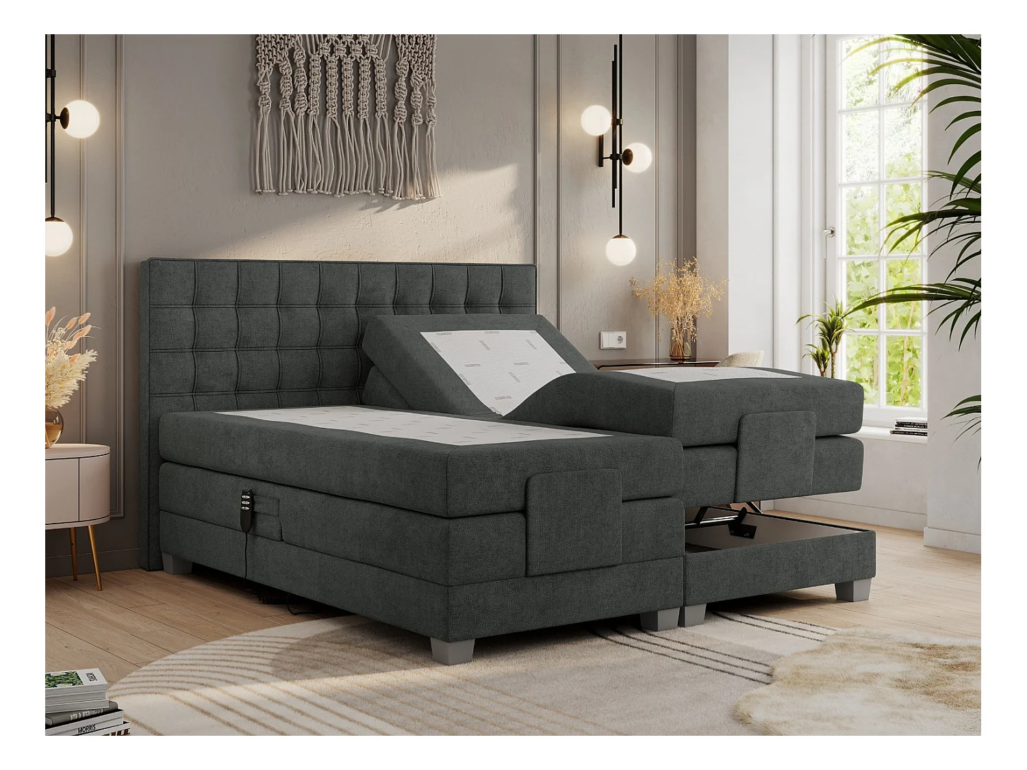 Boxspringbett ELEKTRO mit Multipocket-Matratze, Elektrisch verstellbare, genähtes Kopfteil - 200x200 cm - H3 - Dunkelgrau Strukture