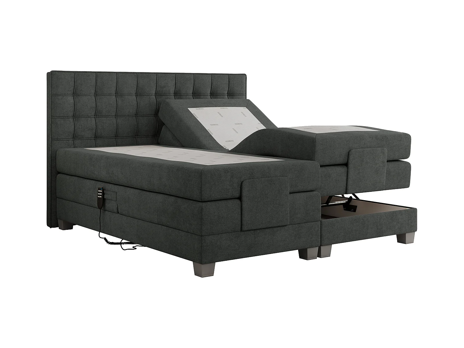 Boxspringbett ELEKTRO mit Multipocket-Matratze, Elektrisch verstellbare, genähtes Kopfteil - 200x200 cm - H3 - Dunkelgrau Strukture
