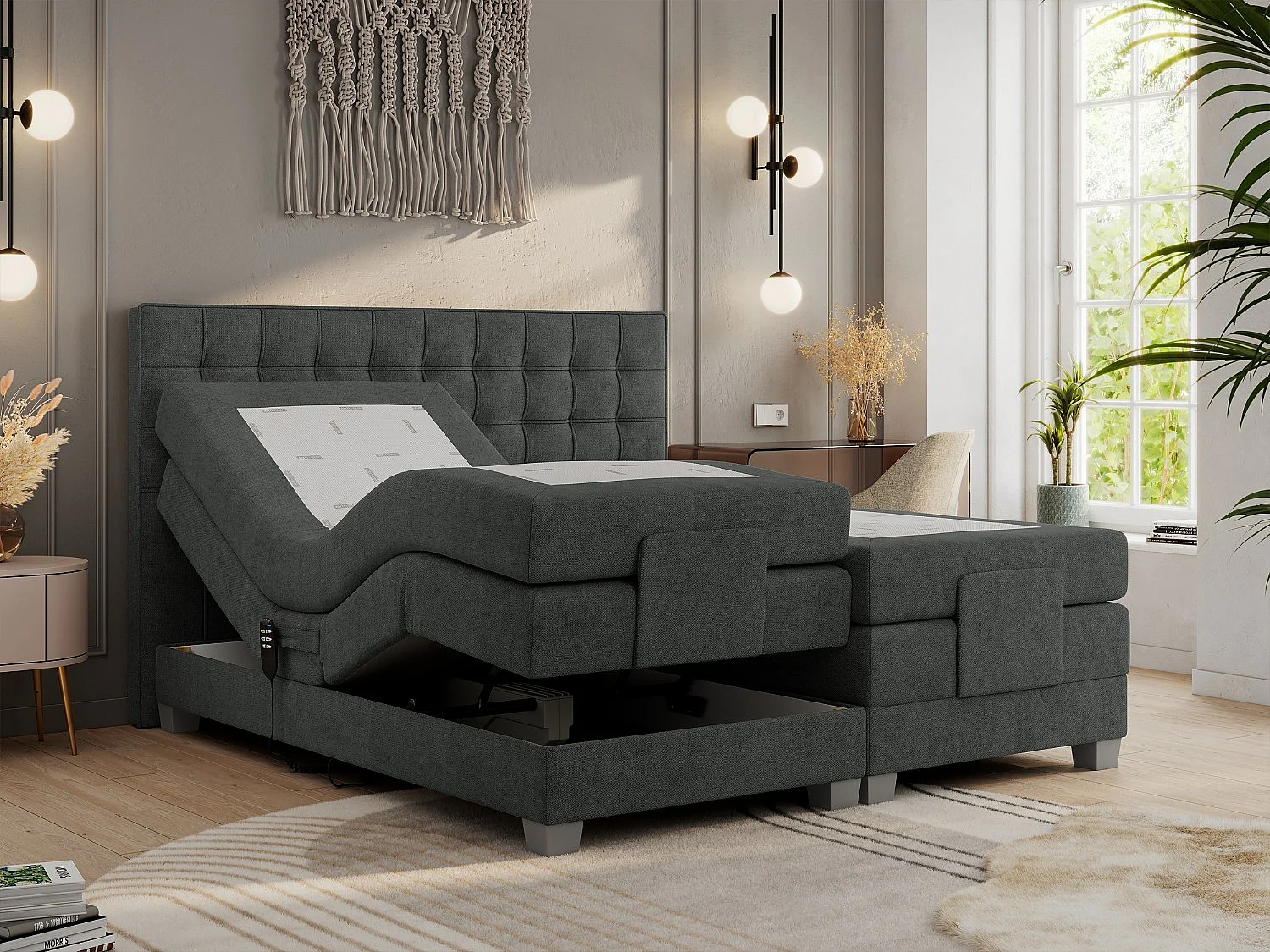 Boxspringbett ELEKTRO mit Multipocket-Matratze, Elektrisch verstellbare, genähtes Kopfteil - 200x200 cm - H3 - Dunkelgrau Strukture