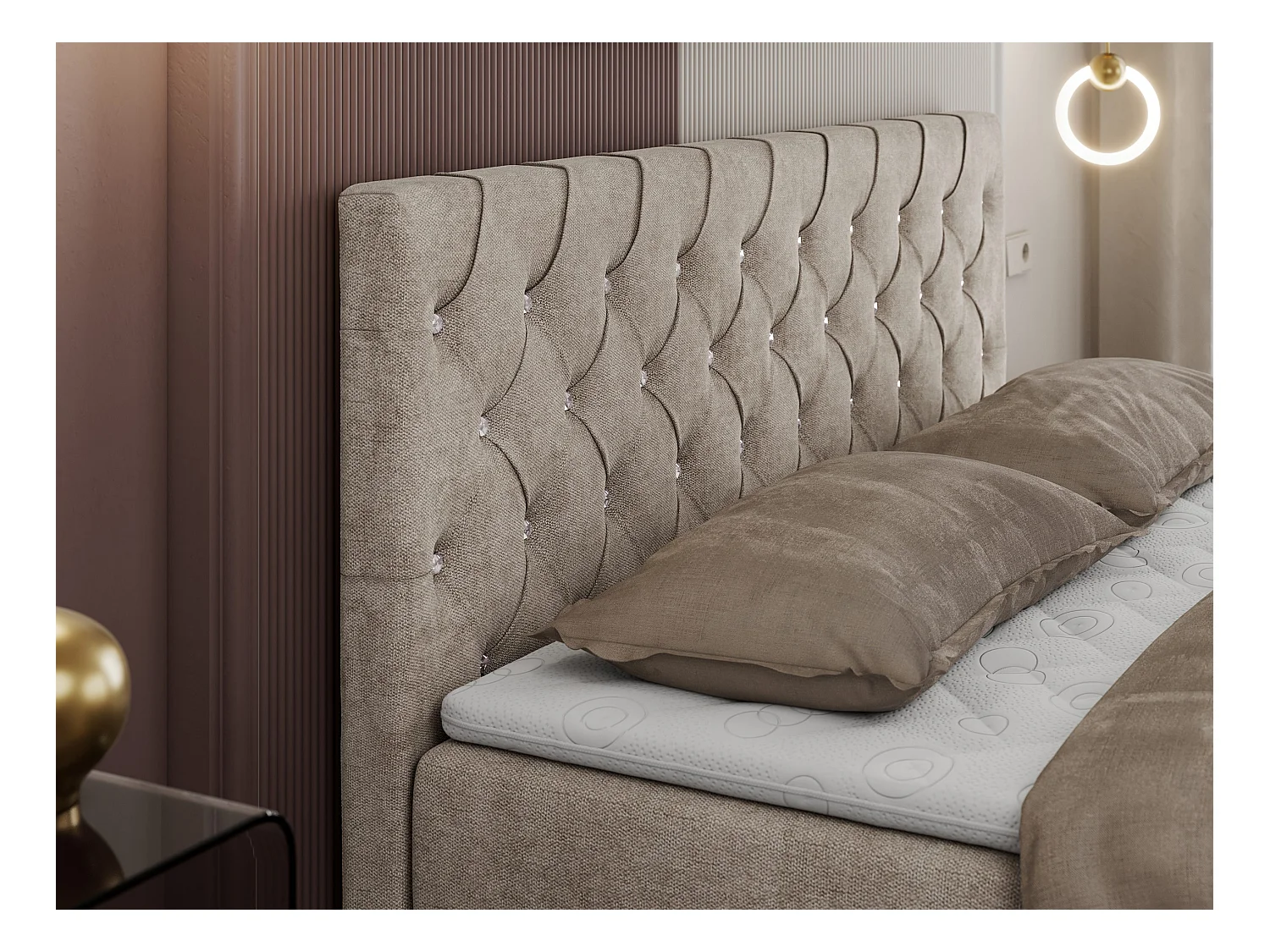 Boxspringbett ROMA mit gestepptem Kopfteil, Multipocket-Matratze, dekorative Füße - 120x200 cm - H3 - Beige Strukture