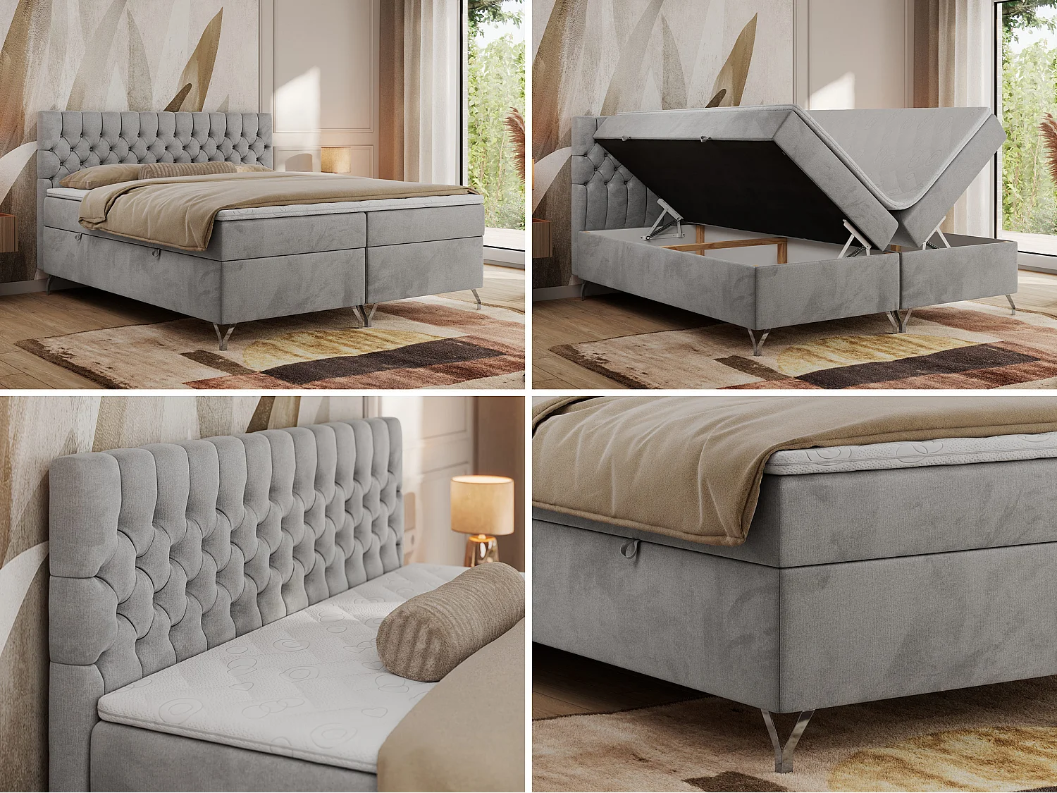 Boxspringbett GRIMALDI mit zwei Bettkästen, gesteppter Kopfstütze, Metallfüßen - 140x200 cm - H3 - Hellgrau Velvet