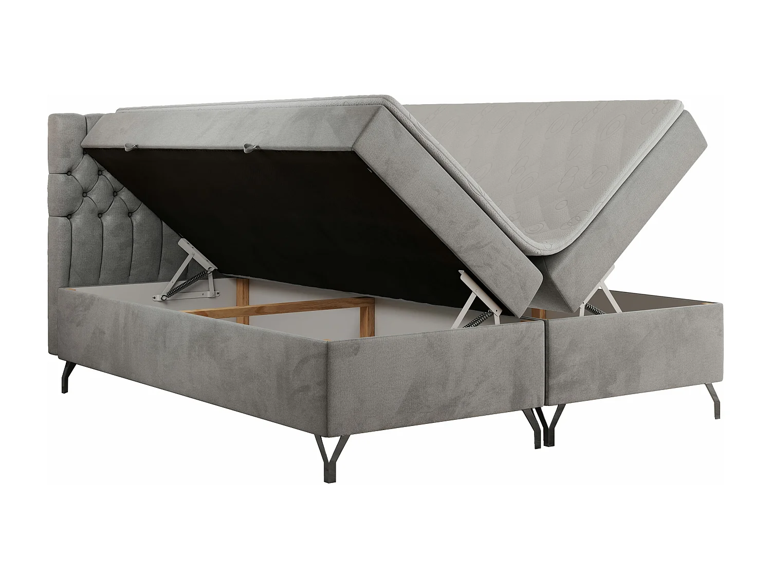 Boxspringbett GRIMALDI mit zwei Bettkästen, gesteppter Kopfstütze, Metallfüßen - 140x200 cm - H3 - Hellgrau Velvet