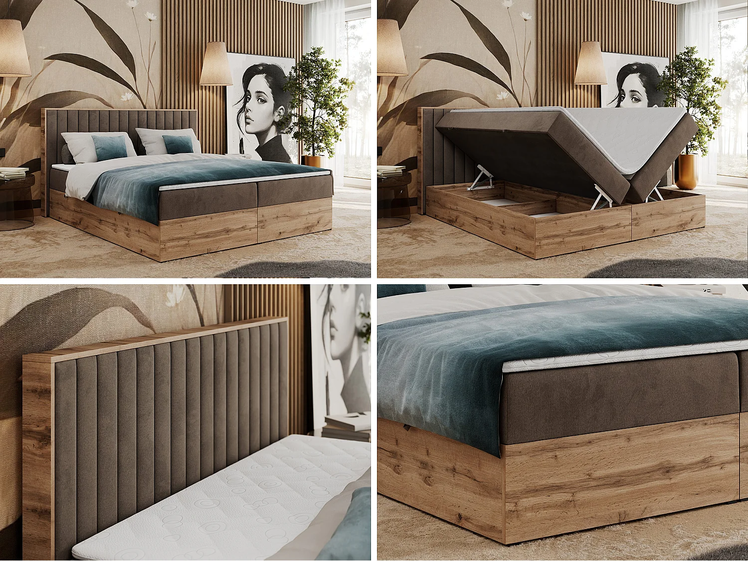 Boxspringbett ALBERO 4, Eiche Wotan Holzrahmen, mit Stauraum, genähtes Kopfteil - 140x200 cm - H4 - Braun Velvet