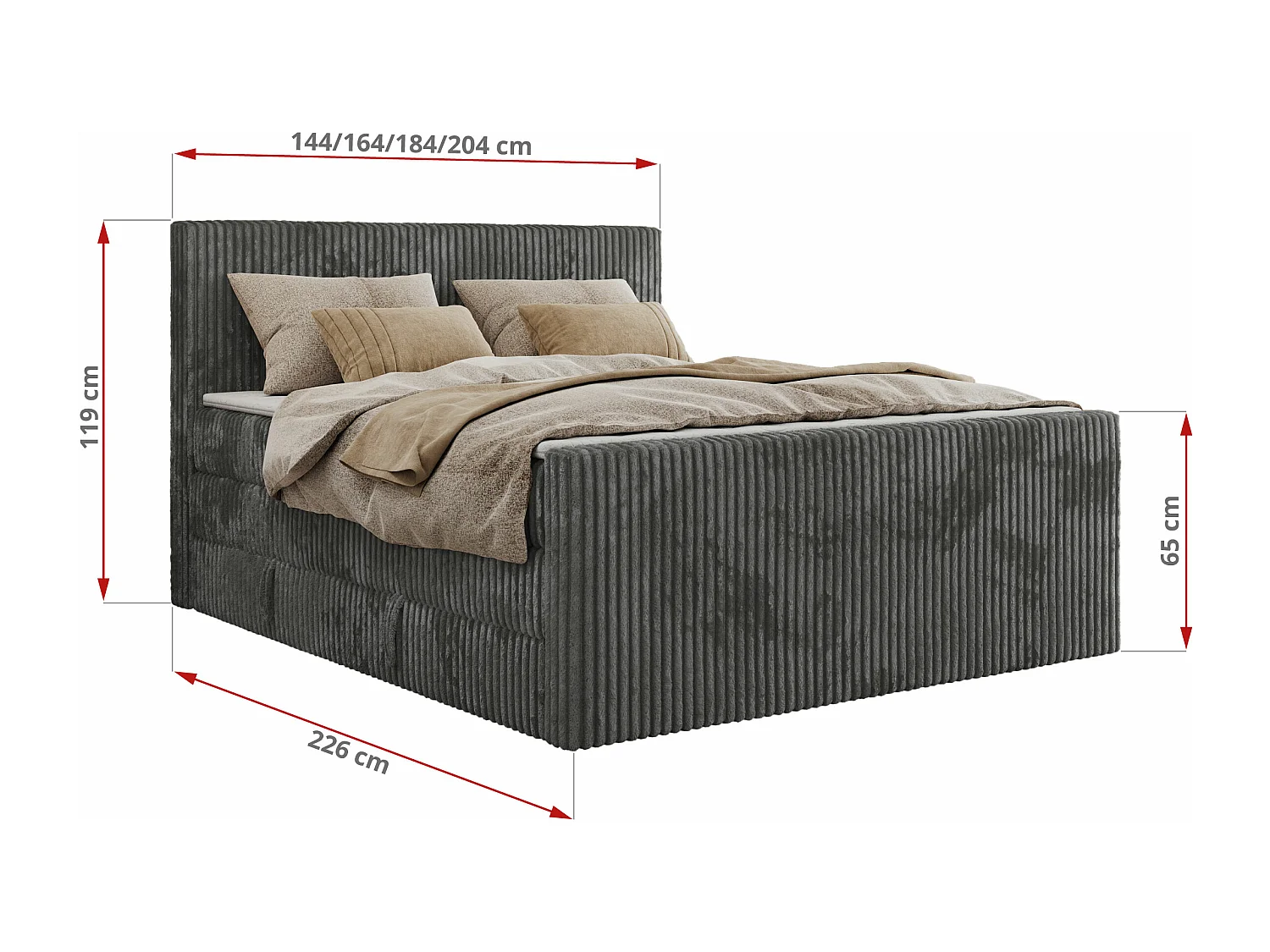 Boxspringbett TILIANO KING DUO, mit zwei Bettkästen, Cord Bett Multipocket-Matratze - 140x200 cm - H4 - Grau Cord
