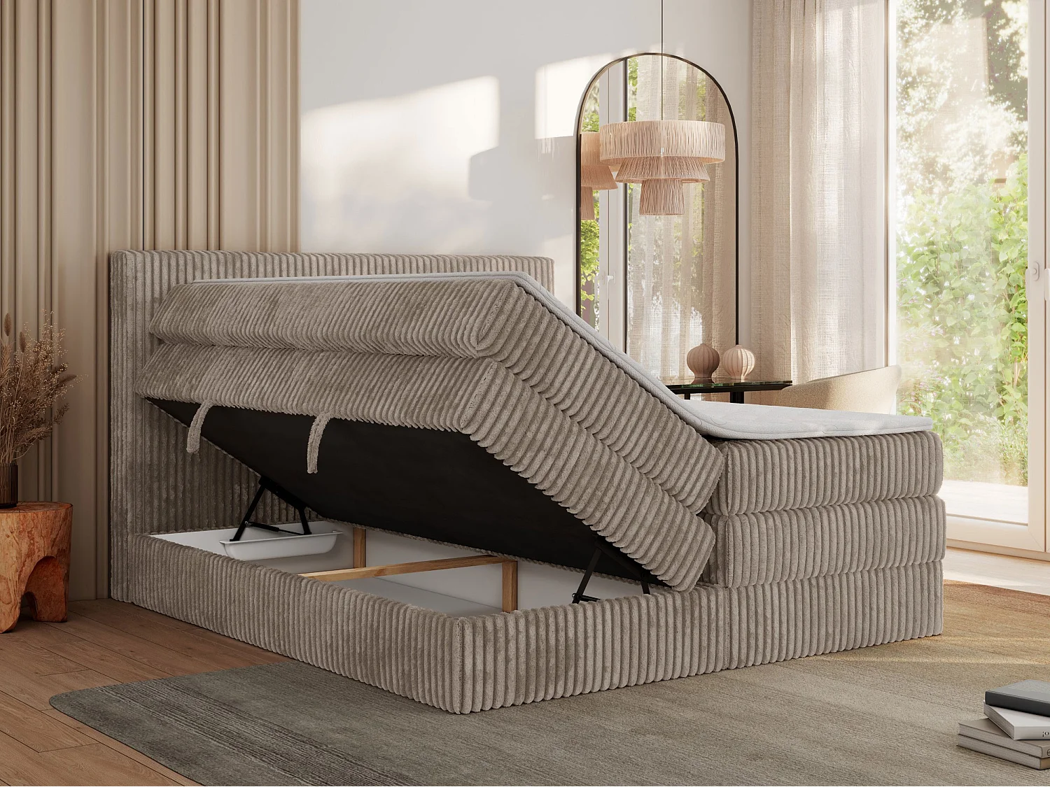 Boxspringbett TILIANO KING, Multipocket-Matratze, Cord Bett, Kopfteil und zwei Bettkästen - 200x200 cm - H3 - Hellbraun Cord