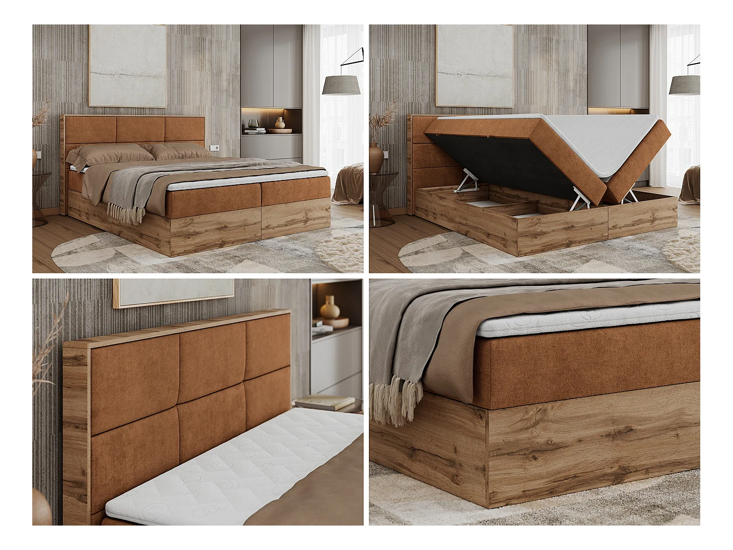 Boxspringbett ALBERO 2 mit Topper und Multipocket-Matratze, Stauraum, Holzrahmen - 200x200 cm - H4 - Orange Strukture