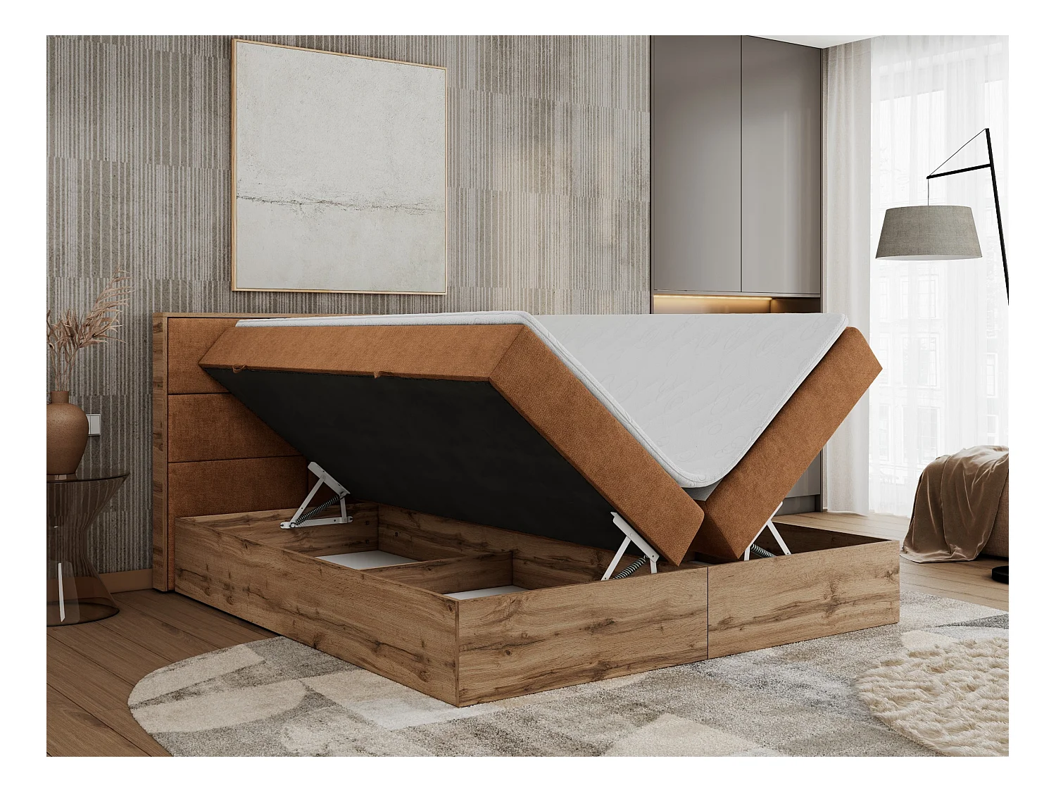 Boxspringbett ALBERO 2 mit Topper und Multipocket-Matratze, Stauraum, Holzrahmen - 200x200 cm - H4 - Orange Strukture