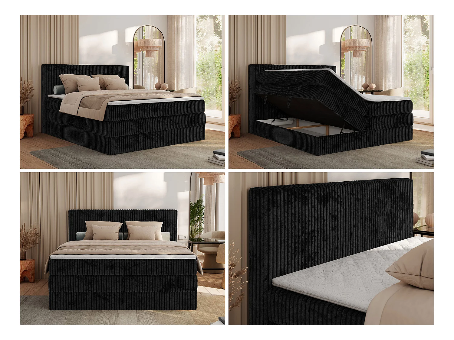Boxspringbett TILIANO KING, Multipocket-Matratze, Cord Bett, Kopfteil und zwei Bettkästen - 160x200 cm - H4 - Schwarz Cord