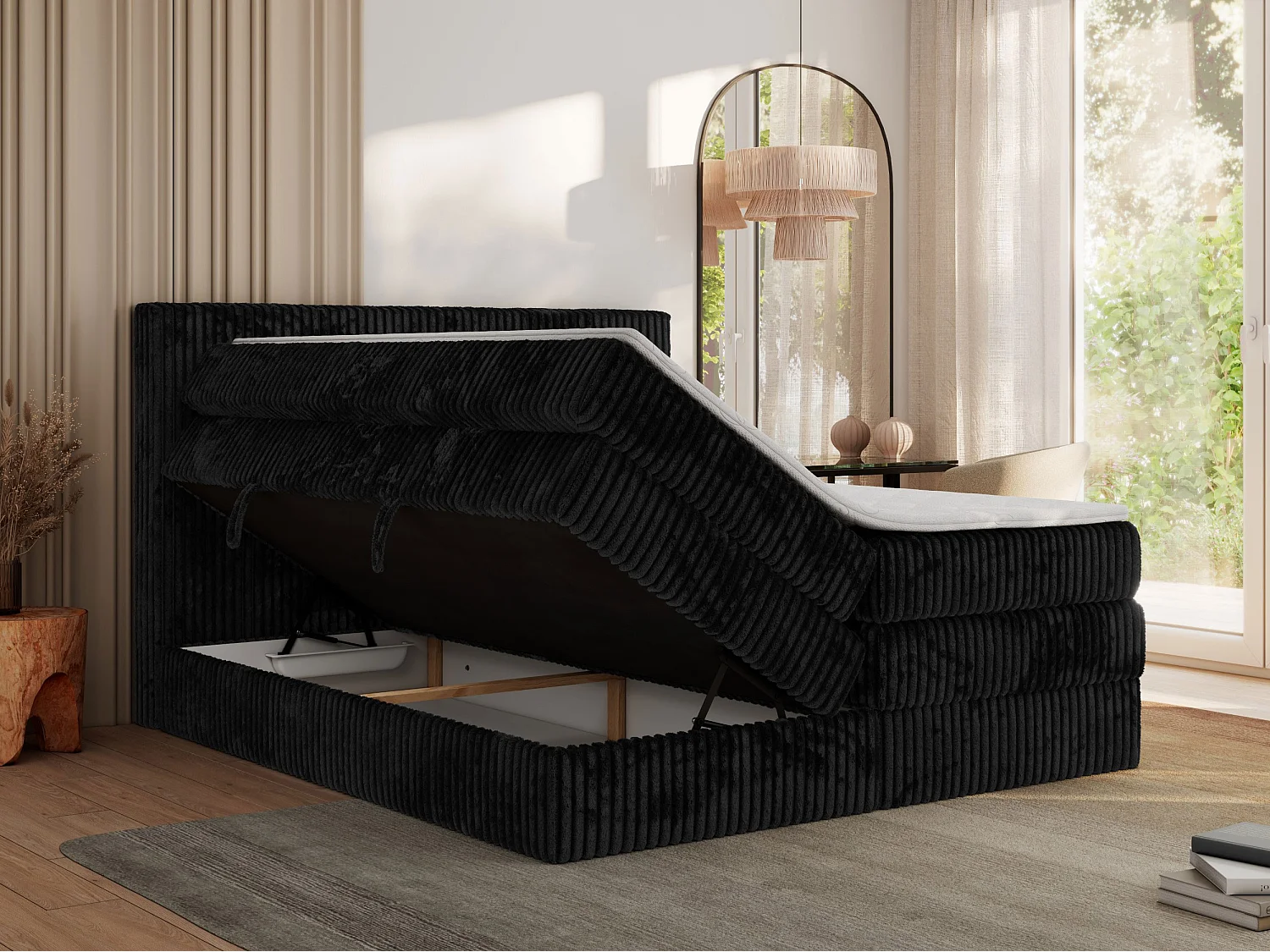 Boxspringbett TILIANO KING, Multipocket-Matratze, Cord Bett, Kopfteil und zwei Bettkästen - 160x200 cm - H4 - Schwarz Cord