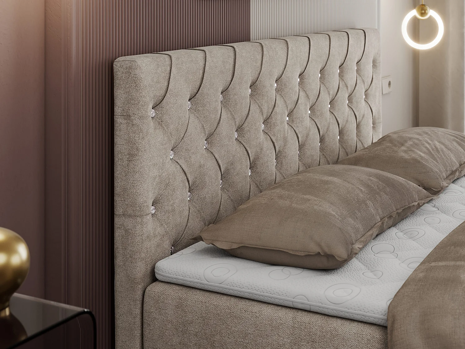 Boxspringbett ROMA mit gestepptem Kopfteil, Multipocket-Matratze, dekorative Füße - 160x200 cm - H4 - Beige Strukture