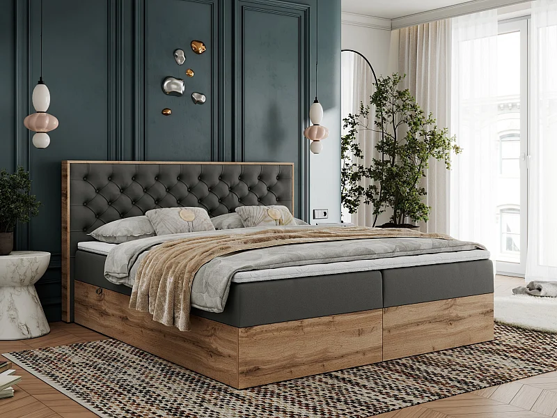 Boxspringbett ALBERO 3 - gesteppte Kopfstütze, Eiche Wotan Holzrahmen, Stauraum - 160x200 cm - H4 - Dunkelgrau Kunstleder