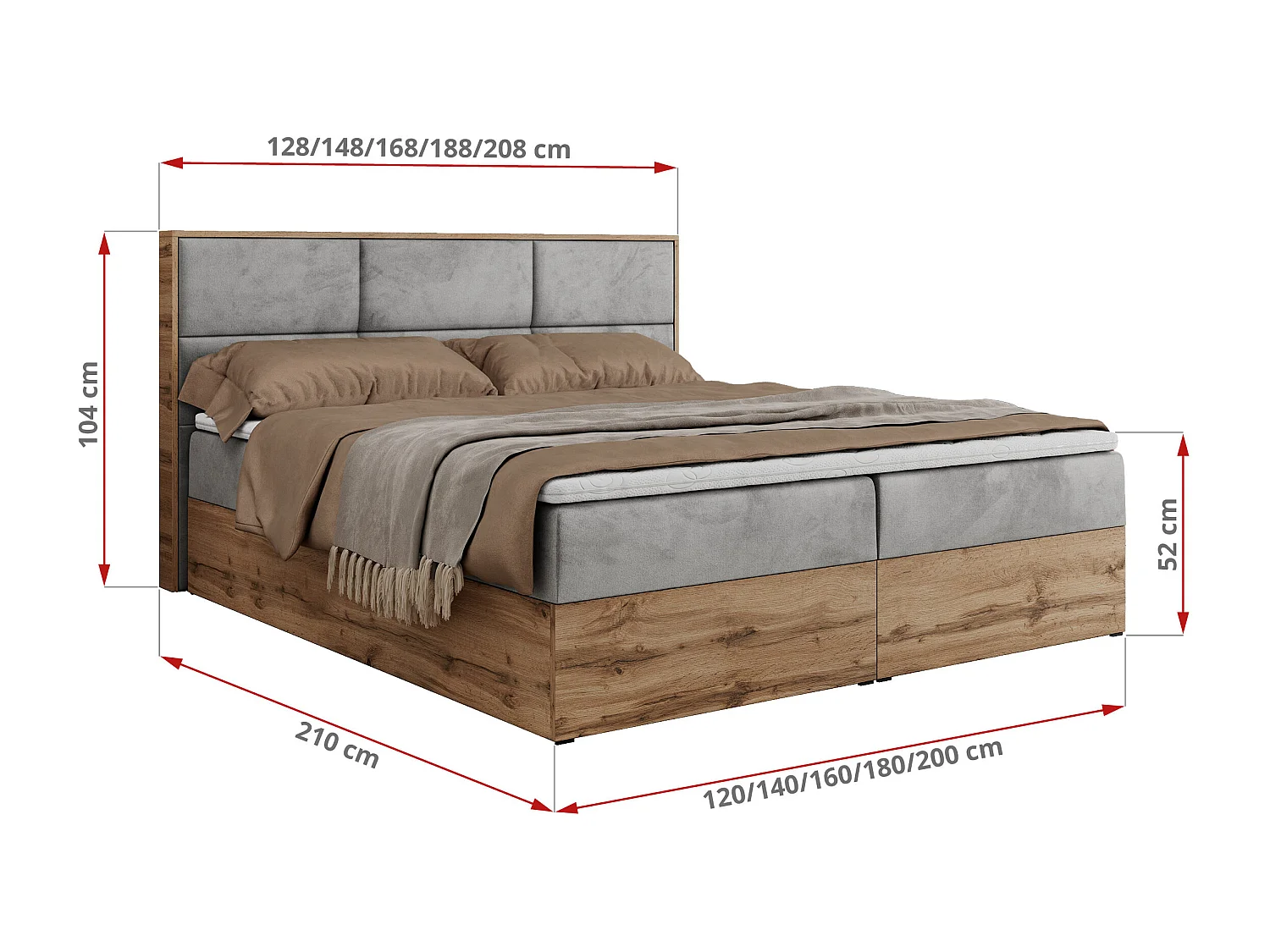 Boxspringbett ALBERO 2 mit Topper und Multipocket-Matratze, Stauraum, Holzrahmen - 120x200 cm - H4 - Hellgrau Velvet