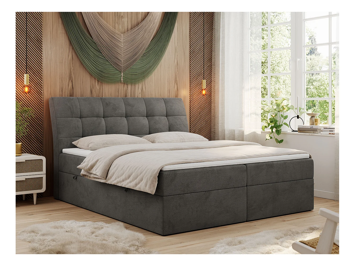 Boxspringbett DIEGOS mit Stauraum, gestepptem Kopfteil, Multipocket-Matratze - 200x200 cm - H3 - Dunkelgrau Velvet